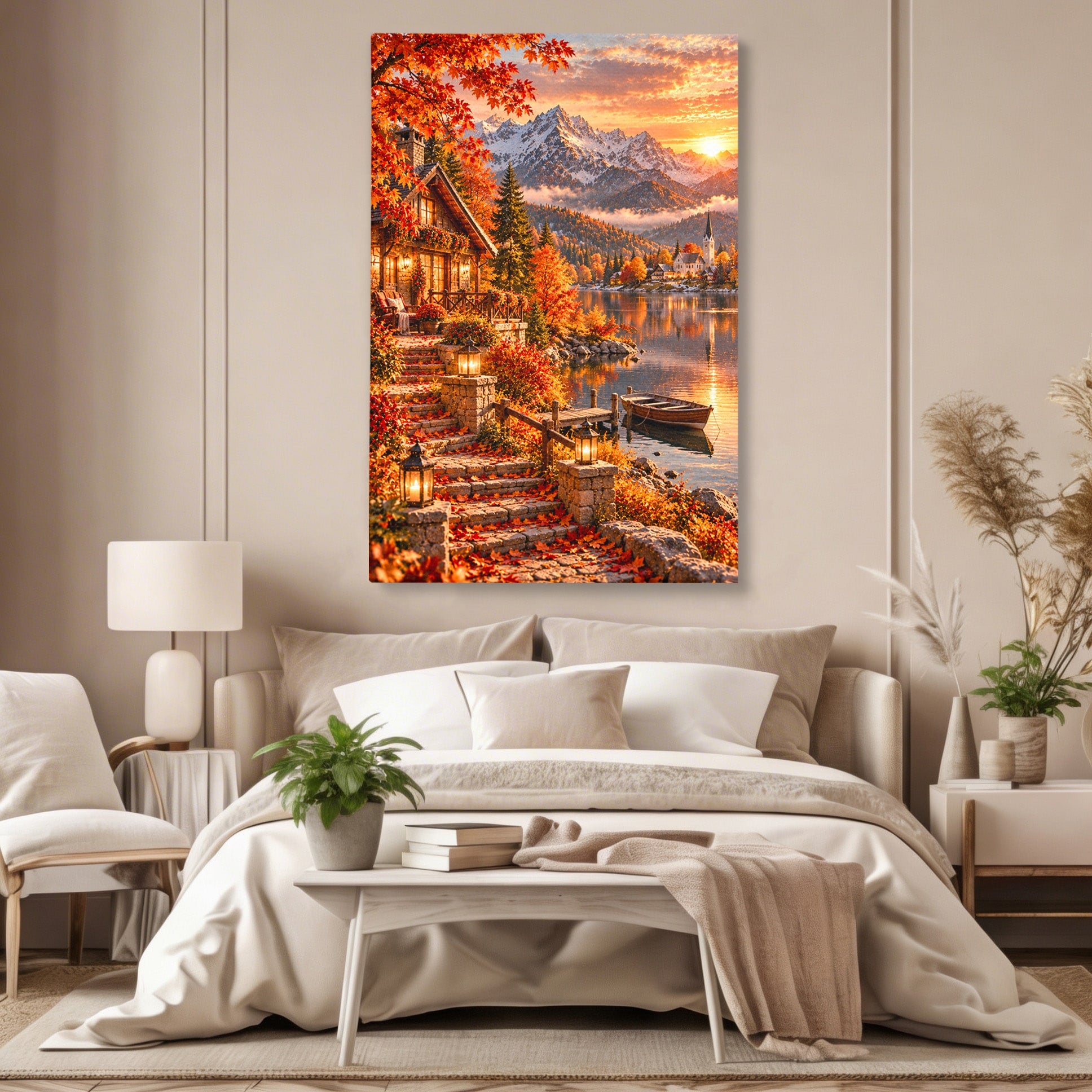 Tablou Canvas Premium LuxCanva® PI1410, Toamna Fermecata, Cabana, Paradis, Peisaj, Montan, Lac, Apus, Culori Vibrante, Living, Dormitor