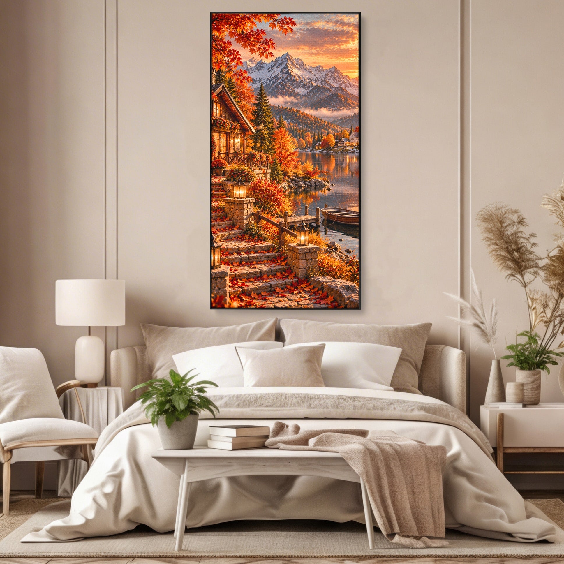 Tablou Canvas Premium LuxCanva® PI1410, Toamna Fermecata, Cabana, Paradis, Peisaj, Montan, Lac, Apus, Culori Vibrante, Living, Dormitor