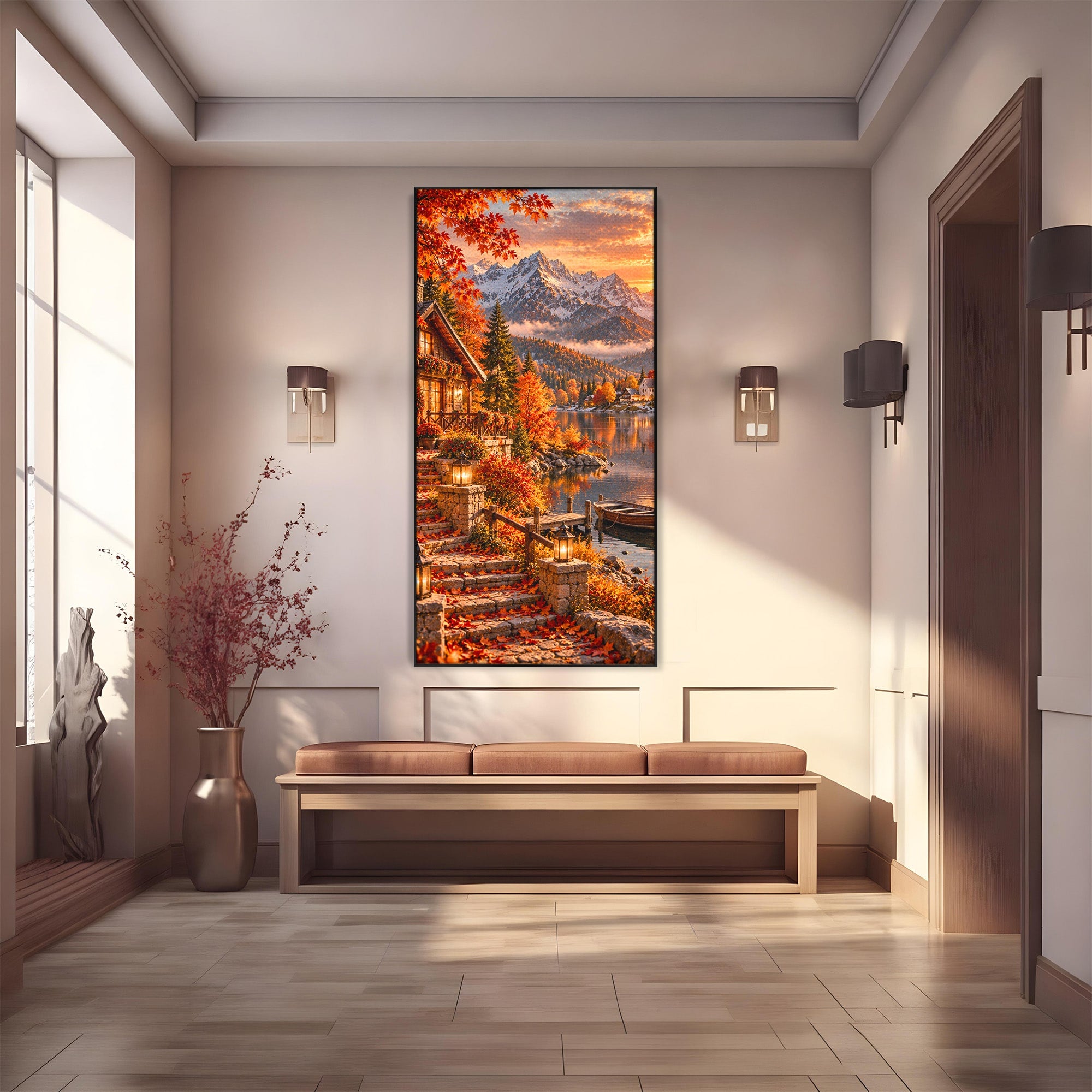 Tablou Canvas Premium LuxCanva® PI1410, Toamna Fermecata, Cabana, Paradis, Peisaj, Montan, Lac, Apus, Culori Vibrante, Living, Dormitor