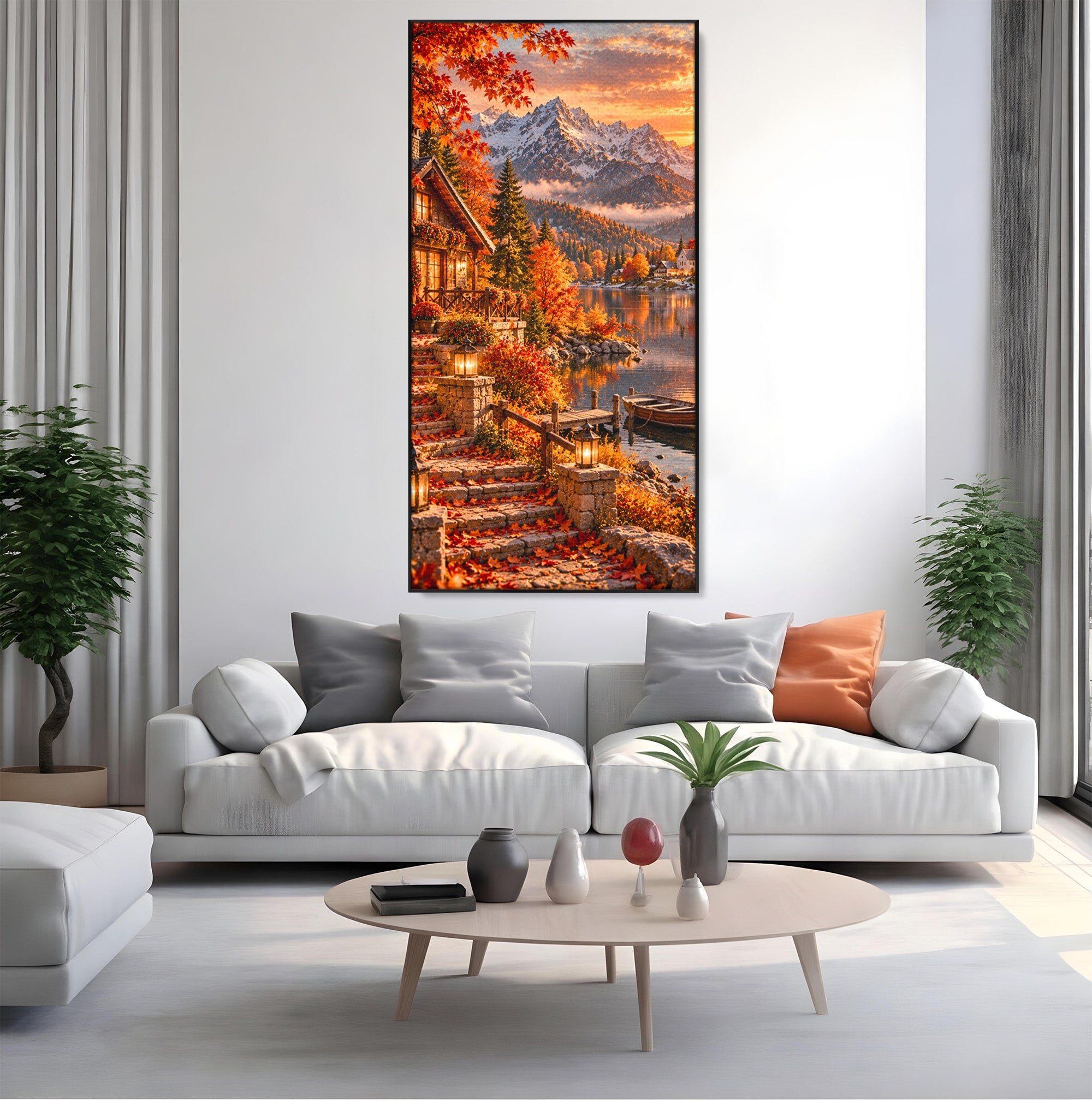 Tablou Canvas Premium LuxCanva® PI1410, Toamna Fermecata, Cabana, Paradis, Peisaj, Montan, Lac, Apus, Culori Vibrante, Living, Dormitor