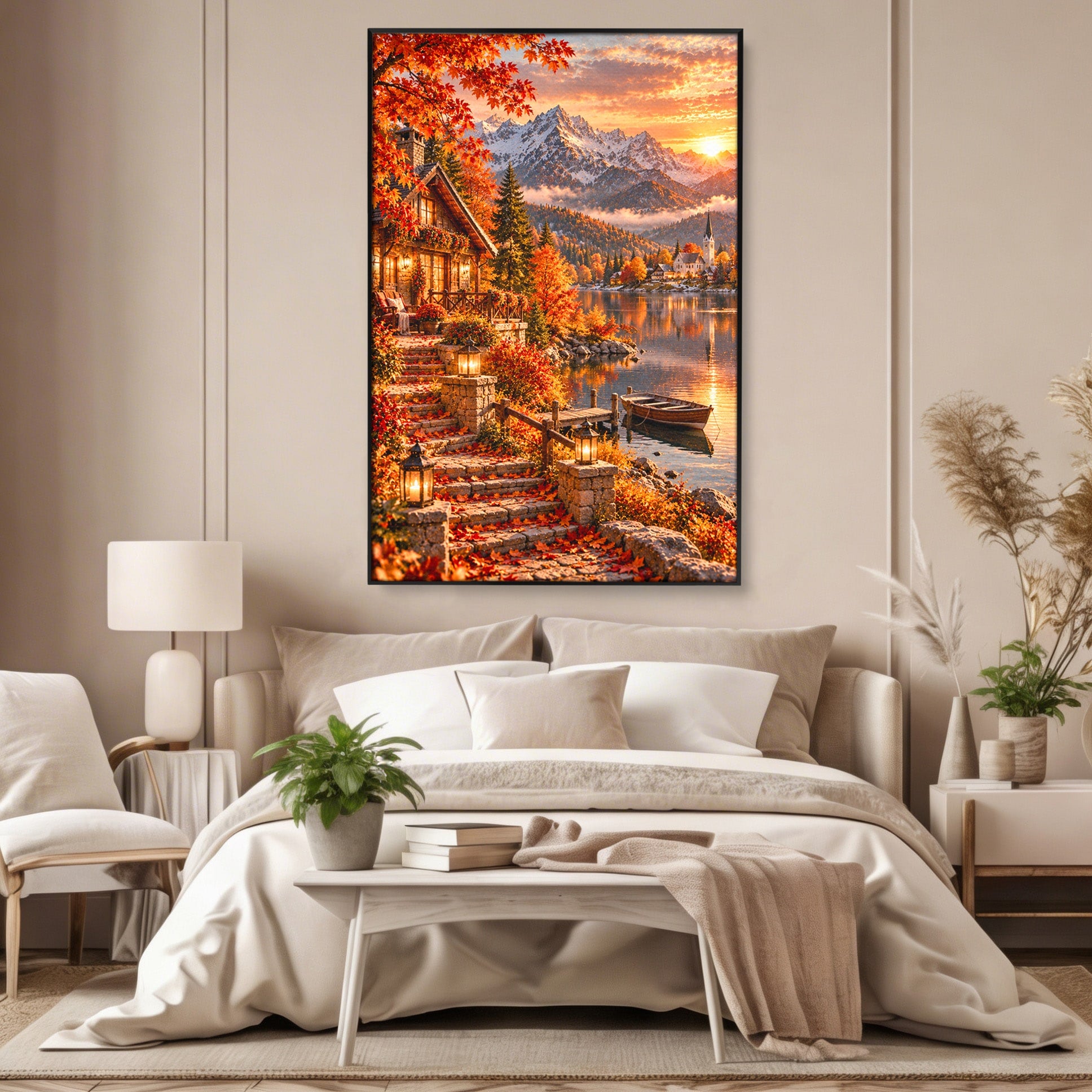 Tablou Canvas Premium LuxCanva® PI1410, Toamna Fermecata, Cabana, Paradis, Peisaj, Montan, Lac, Apus, Culori Vibrante, Living, Dormitor