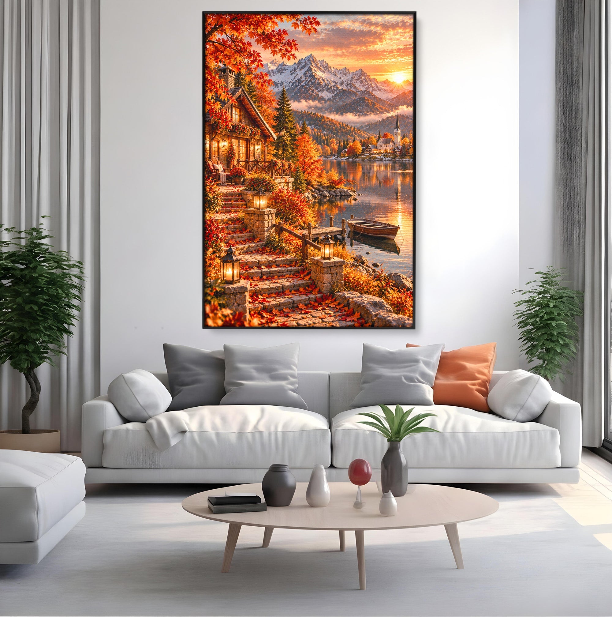 Tablou Canvas Premium LuxCanva® PI1410, Toamna Fermecata, Cabana, Paradis, Peisaj, Montan, Lac, Apus, Culori Vibrante, Living, Dormitor