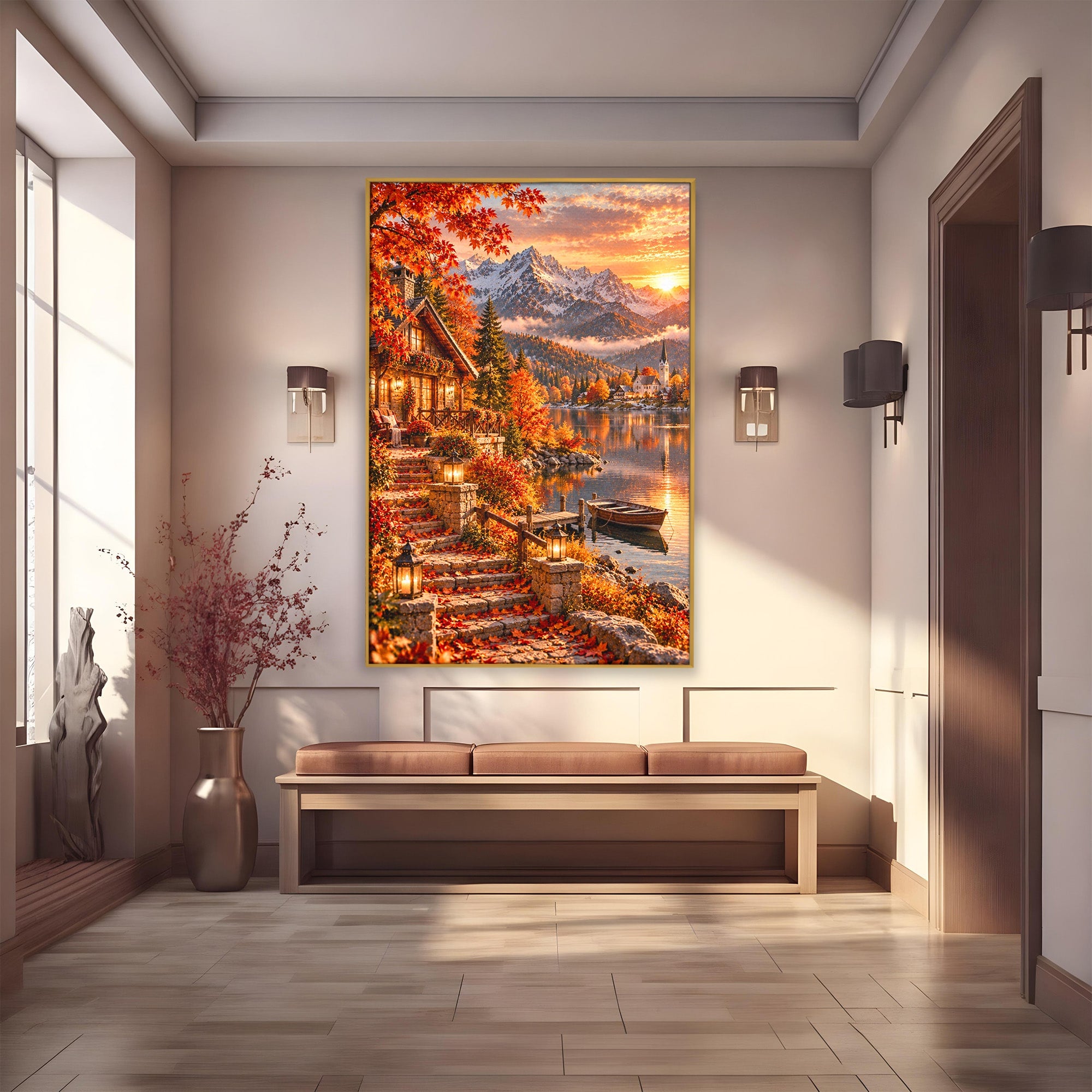 Tablou Canvas Premium LuxCanva® PI1410, Toamna Fermecata, Cabana, Paradis, Peisaj, Montan, Lac, Apus, Culori Vibrante, Living, Dormitor