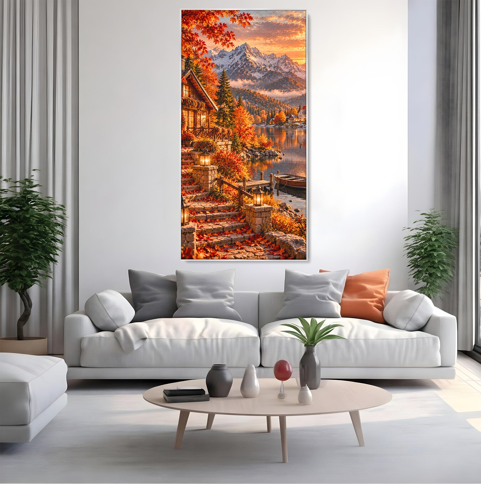 Tablou Canvas Premium LuxCanva® PI1410, Toamna Fermecata, Cabana, Paradis, Peisaj, Montan, Lac, Apus, Culori Vibrante, Living, Dormitor