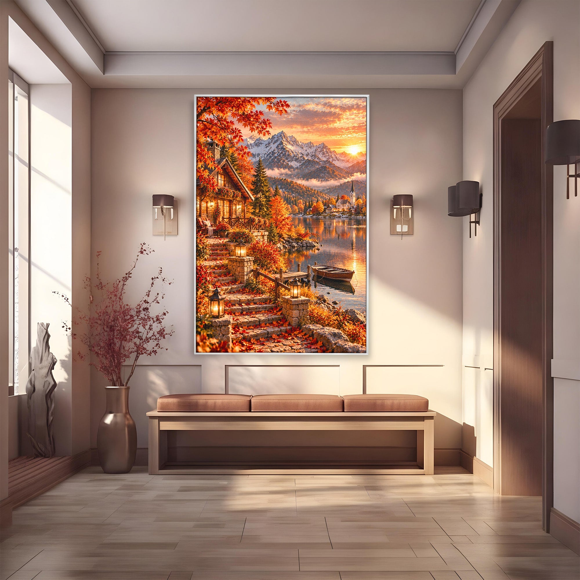 Tablou Canvas Premium LuxCanva® PI1410, Toamna Fermecata, Cabana, Paradis, Peisaj, Montan, Lac, Apus, Culori Vibrante, Living, Dormitor