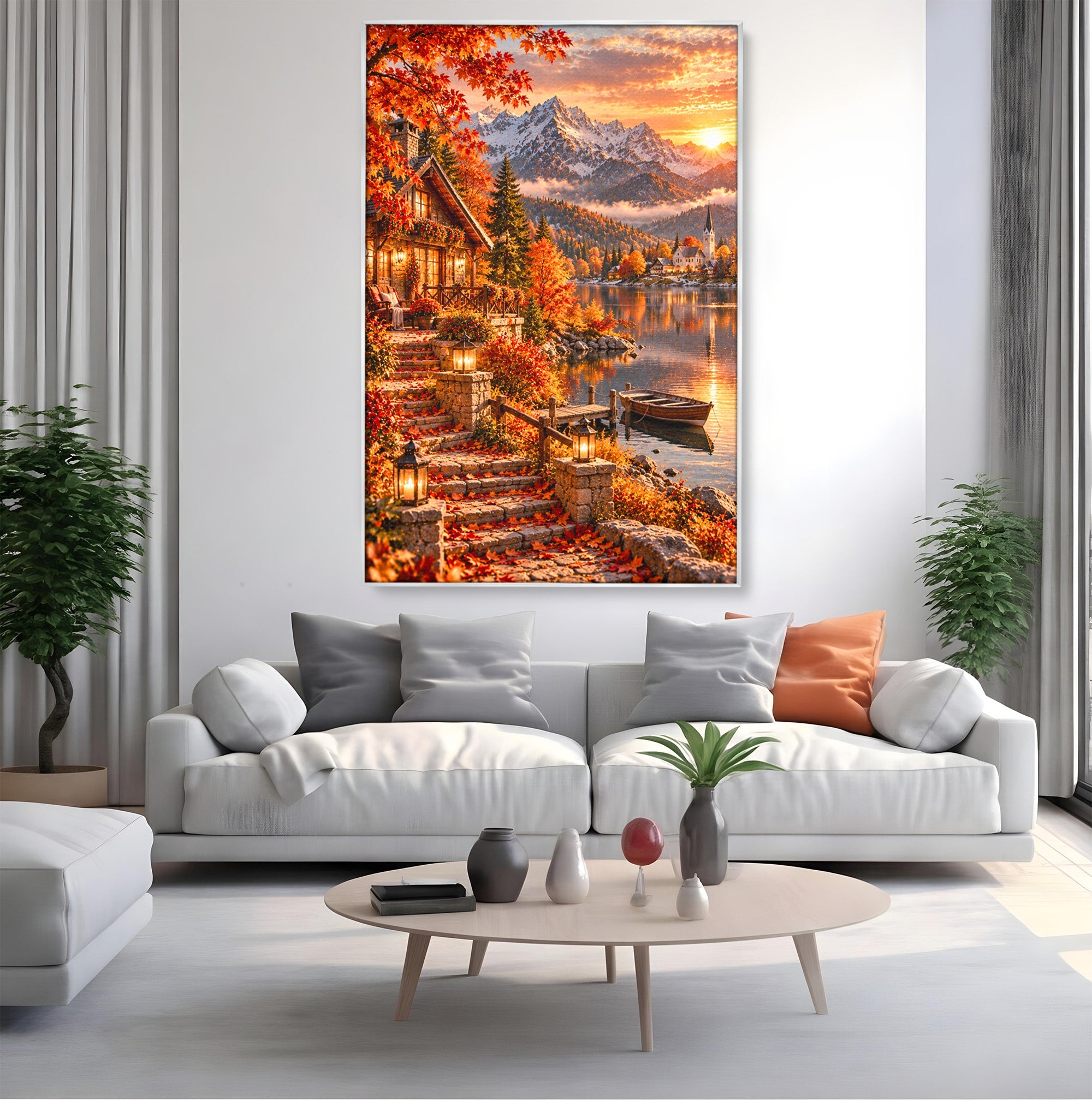 Tablou Canvas Premium LuxCanva® PI1410, Toamna Fermecata, Cabana, Paradis, Peisaj, Montan, Lac, Apus, Culori Vibrante, Living, Dormitor