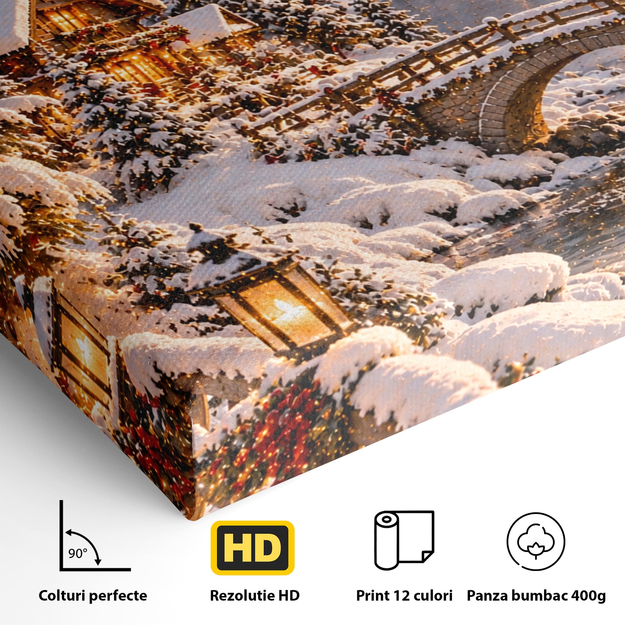 Tablou Canvas Premium LuxCanva® PI1411, Refugiul de Iarna, Peisaj, Zapada, Cabana, Munte, Rau, Apus, Craciun, Culori Vibrante, Living, Dormitor
