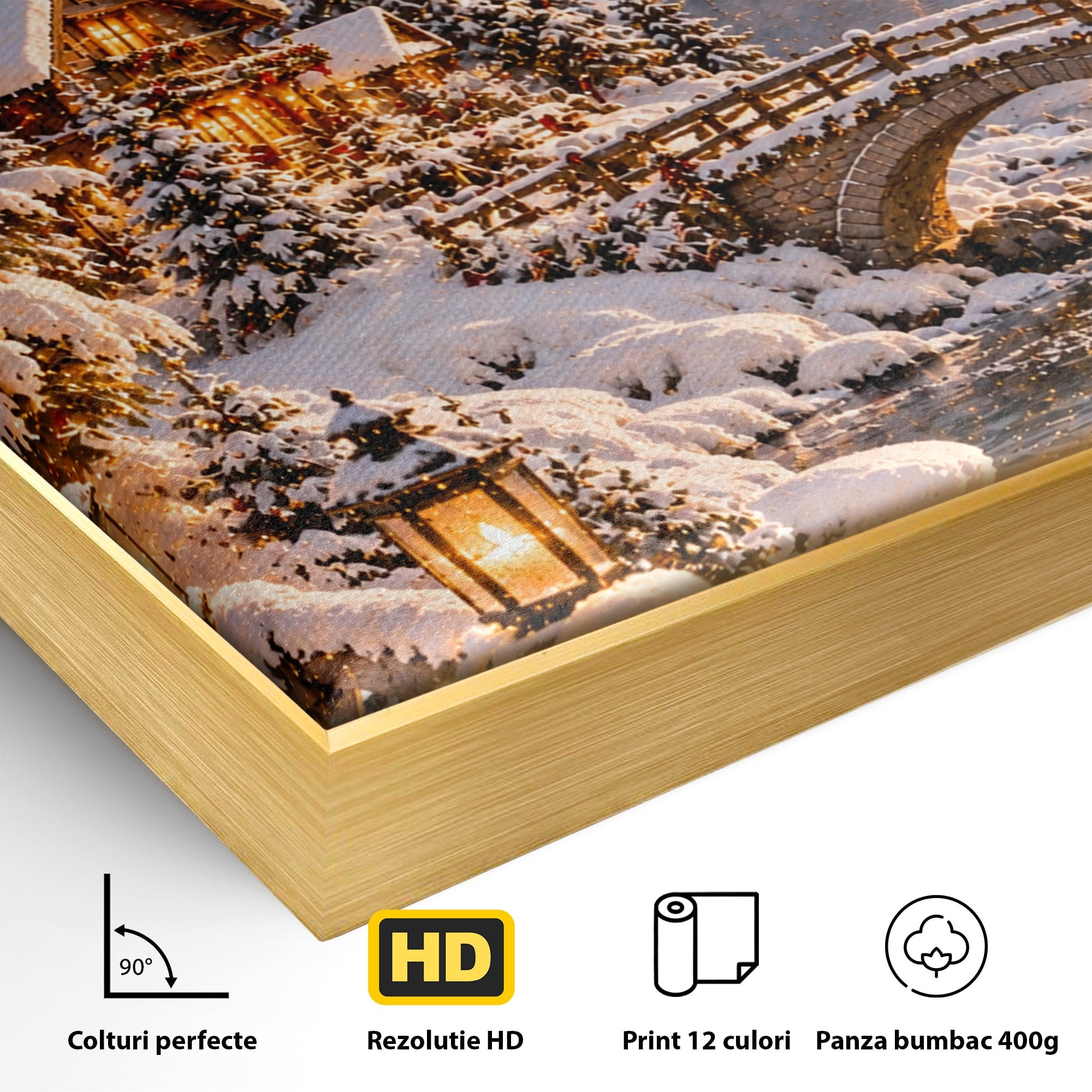 Tablou Canvas Premium LuxCanva® PI1411, Refugiul de Iarna, Peisaj, Zapada, Cabana, Munte, Rau, Apus, Craciun, Culori Vibrante, Living, Dormitor