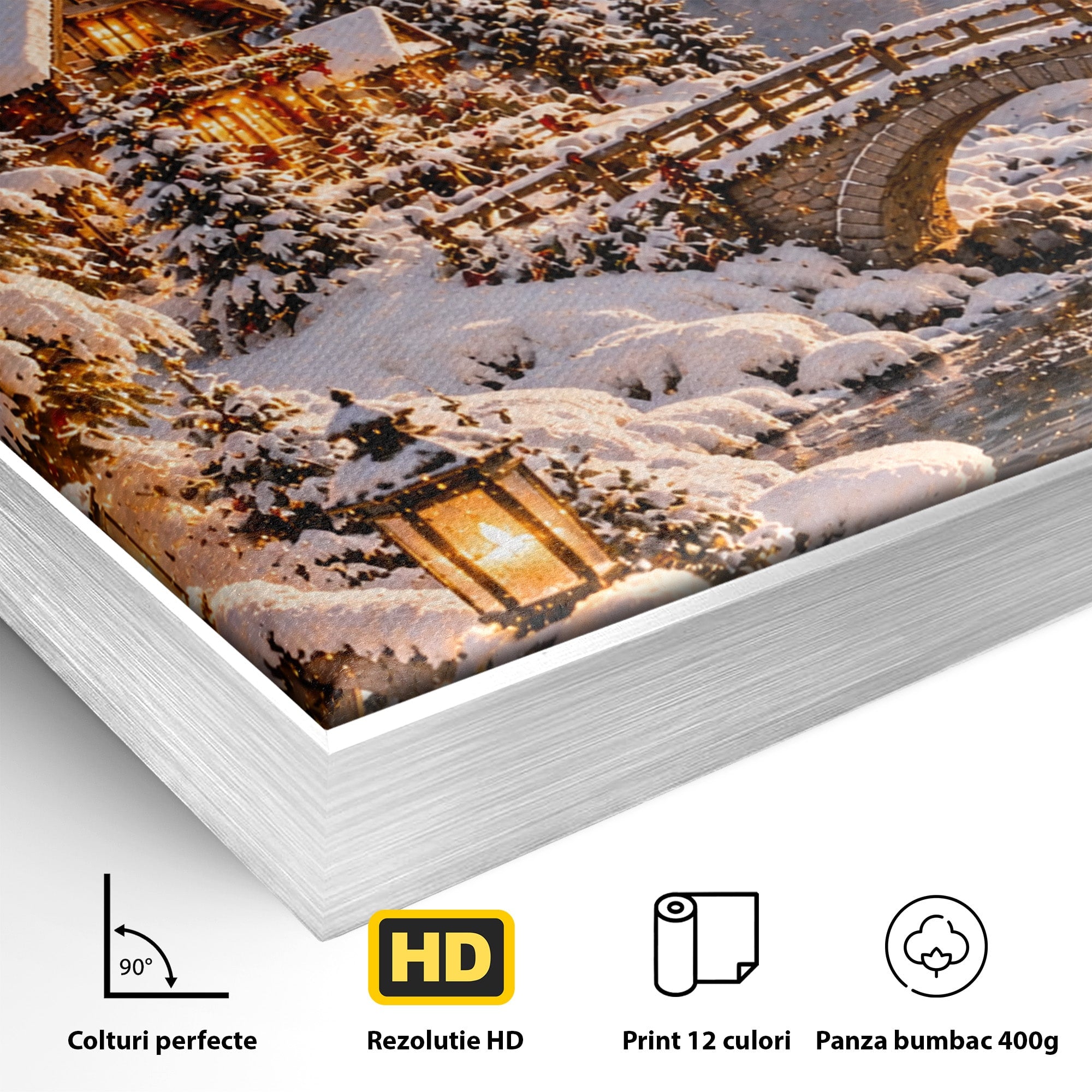 Tablou Canvas Premium LuxCanva® PI1411, Refugiul de Iarna, Peisaj, Zapada, Cabana, Munte, Rau, Apus, Craciun, Culori Vibrante, Living, Dormitor