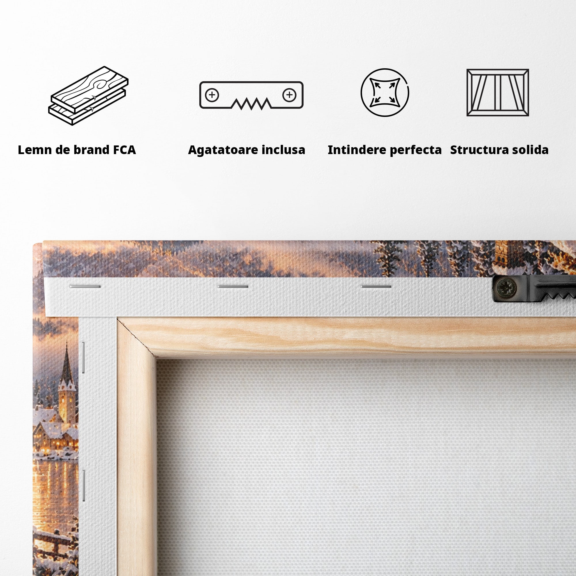 Tablou Canvas Premium LuxCanva® PI1411, Refugiul de Iarna, Peisaj, Zapada, Cabana, Munte, Rau, Apus, Craciun, Culori Vibrante, Living, Dormitor
