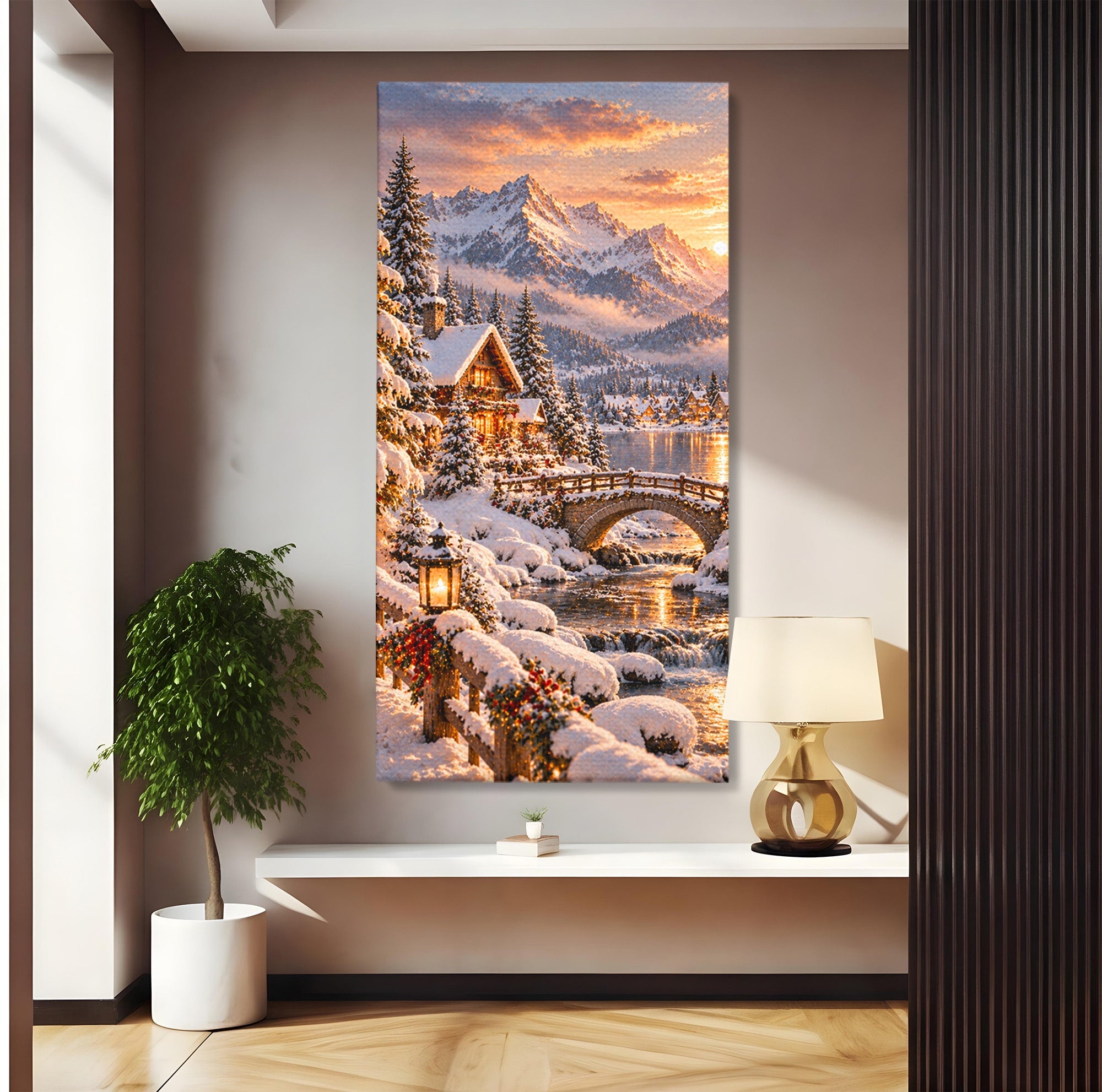 Tablou Canvas Premium LuxCanva® PI1411, Refugiul de Iarna, Peisaj, Zapada, Cabana, Munte, Rau, Apus, Craciun, Culori Vibrante, Living, Dormitor