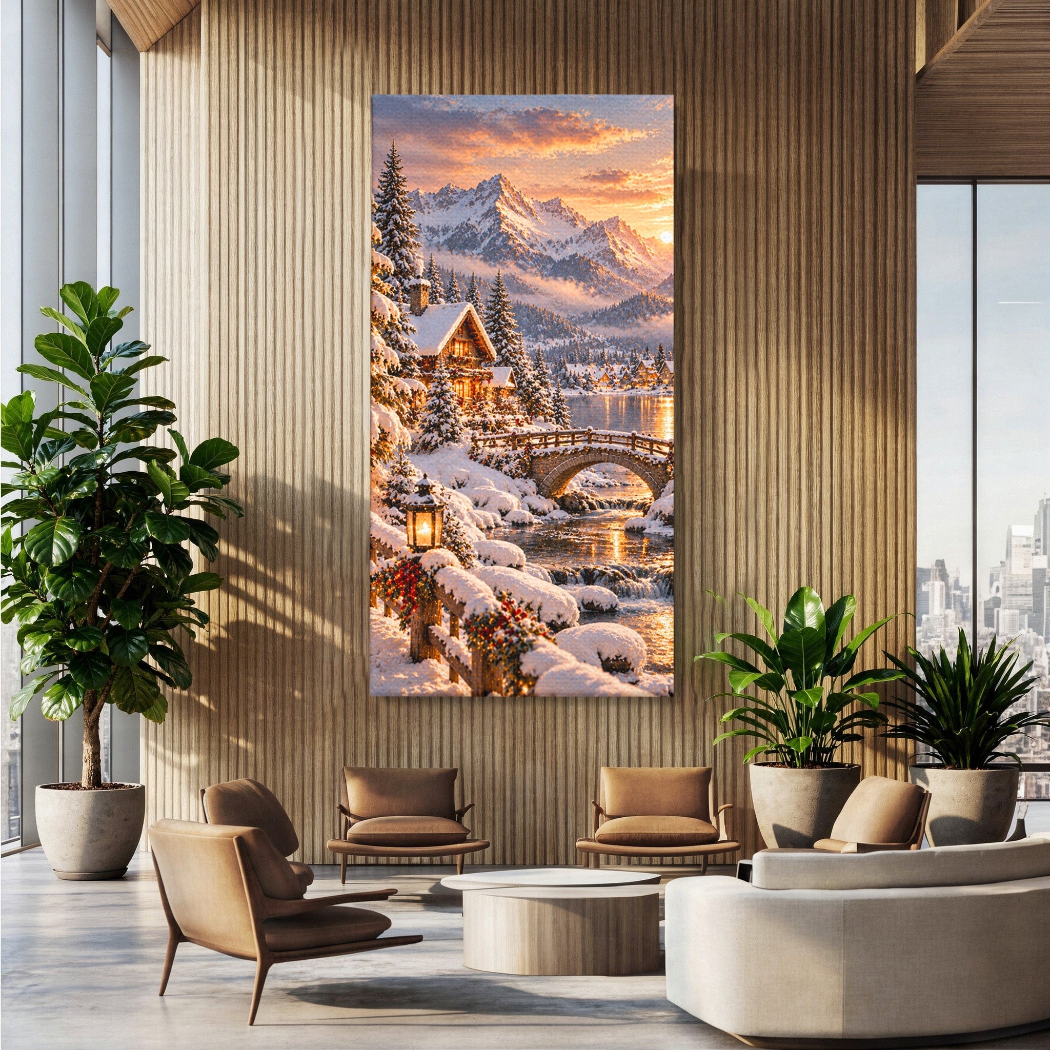 Tablou Canvas Premium LuxCanva® PI1411, Refugiul de Iarna, Peisaj, Zapada, Cabana, Munte, Rau, Apus, Craciun, Culori Vibrante, Living, Dormitor
