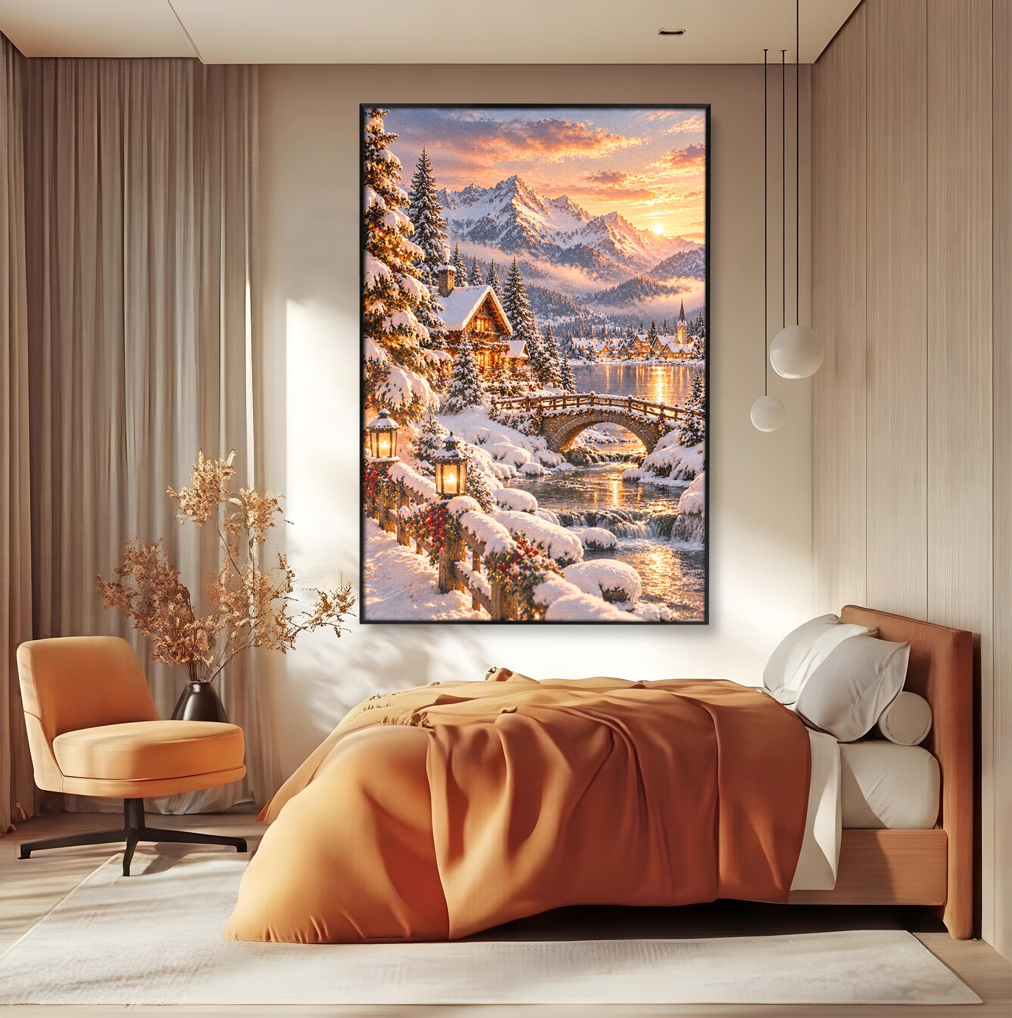 Tablou Canvas Premium LuxCanva® PI1411, Refugiul de Iarna, Peisaj, Zapada, Cabana, Munte, Rau, Apus, Craciun, Culori Vibrante, Living, Dormitor