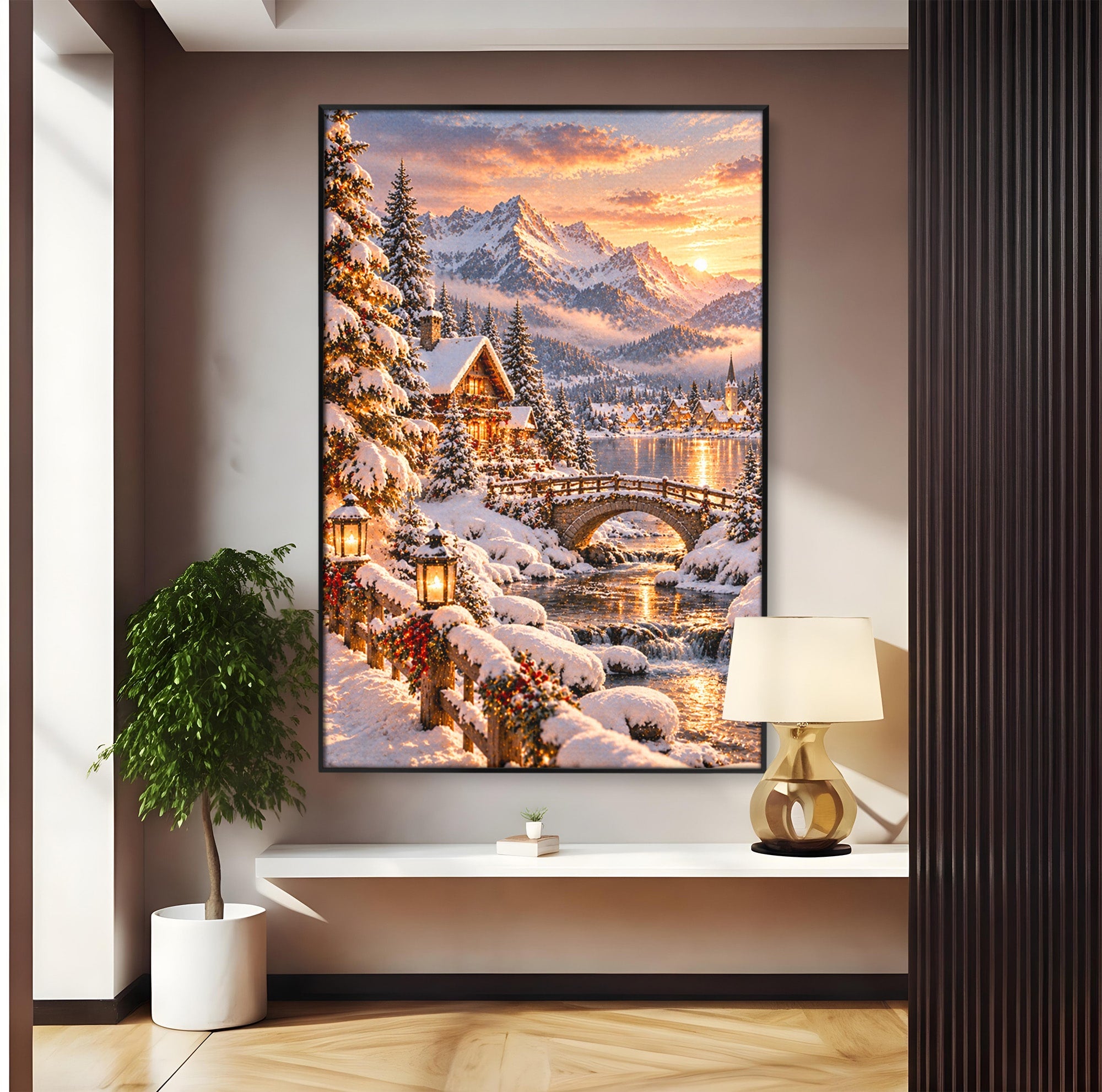 Tablou Canvas Premium LuxCanva® PI1411, Refugiul de Iarna, Peisaj, Zapada, Cabana, Munte, Rau, Apus, Craciun, Culori Vibrante, Living, Dormitor