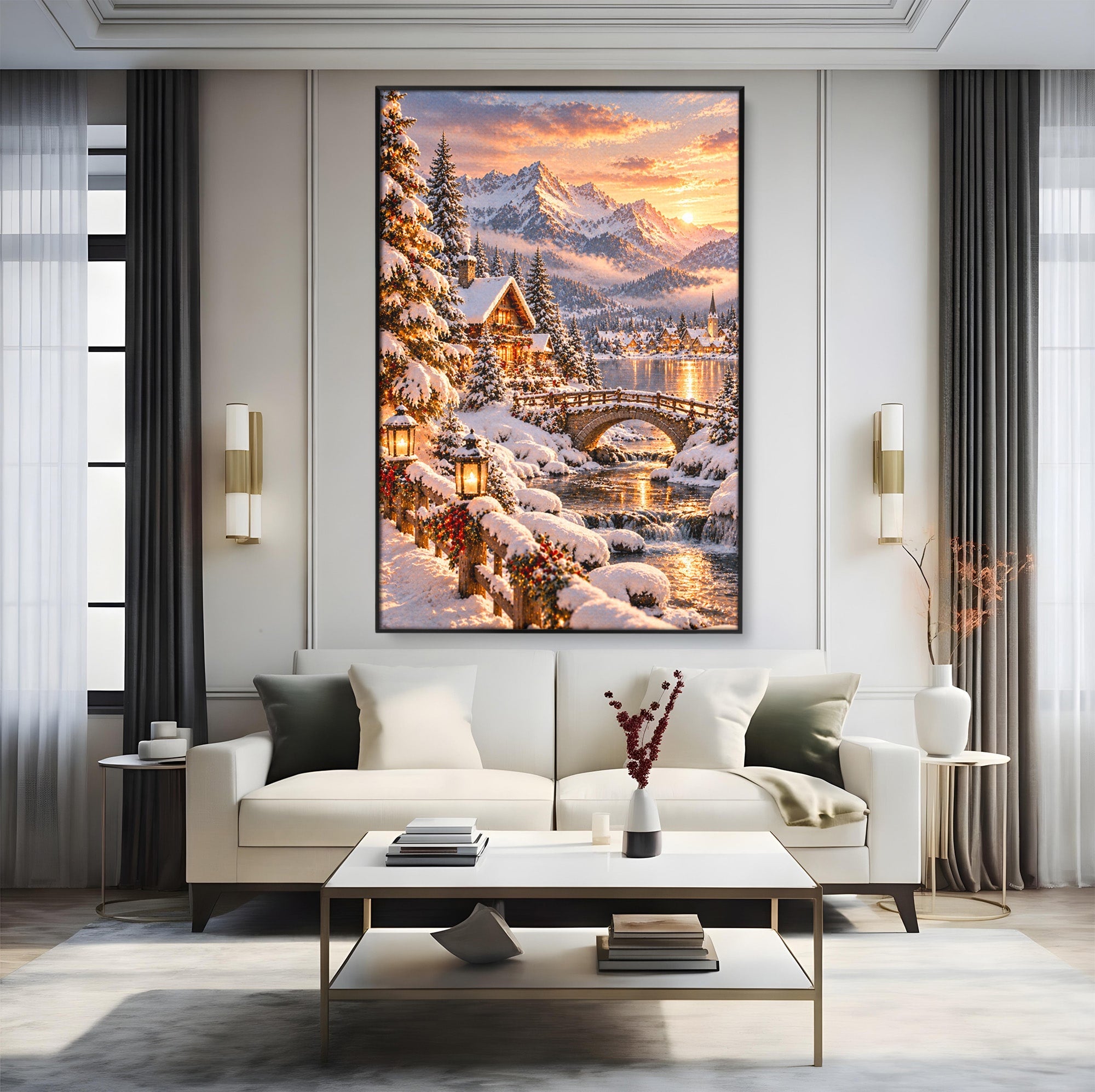 Tablou Canvas Premium LuxCanva® PI1411, Refugiul de Iarna, Peisaj, Zapada, Cabana, Munte, Rau, Apus, Craciun, Culori Vibrante, Living, Dormitor