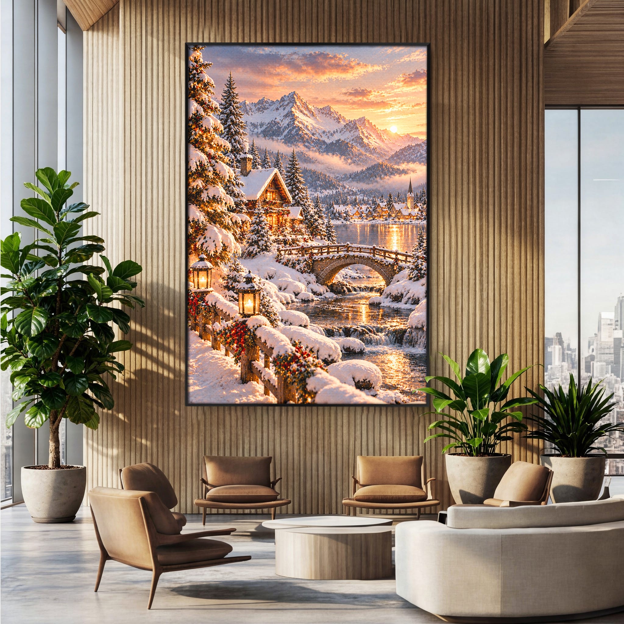 Tablou Canvas Premium LuxCanva® PI1411, Refugiul de Iarna, Peisaj, Zapada, Cabana, Munte, Rau, Apus, Craciun, Culori Vibrante, Living, Dormitor