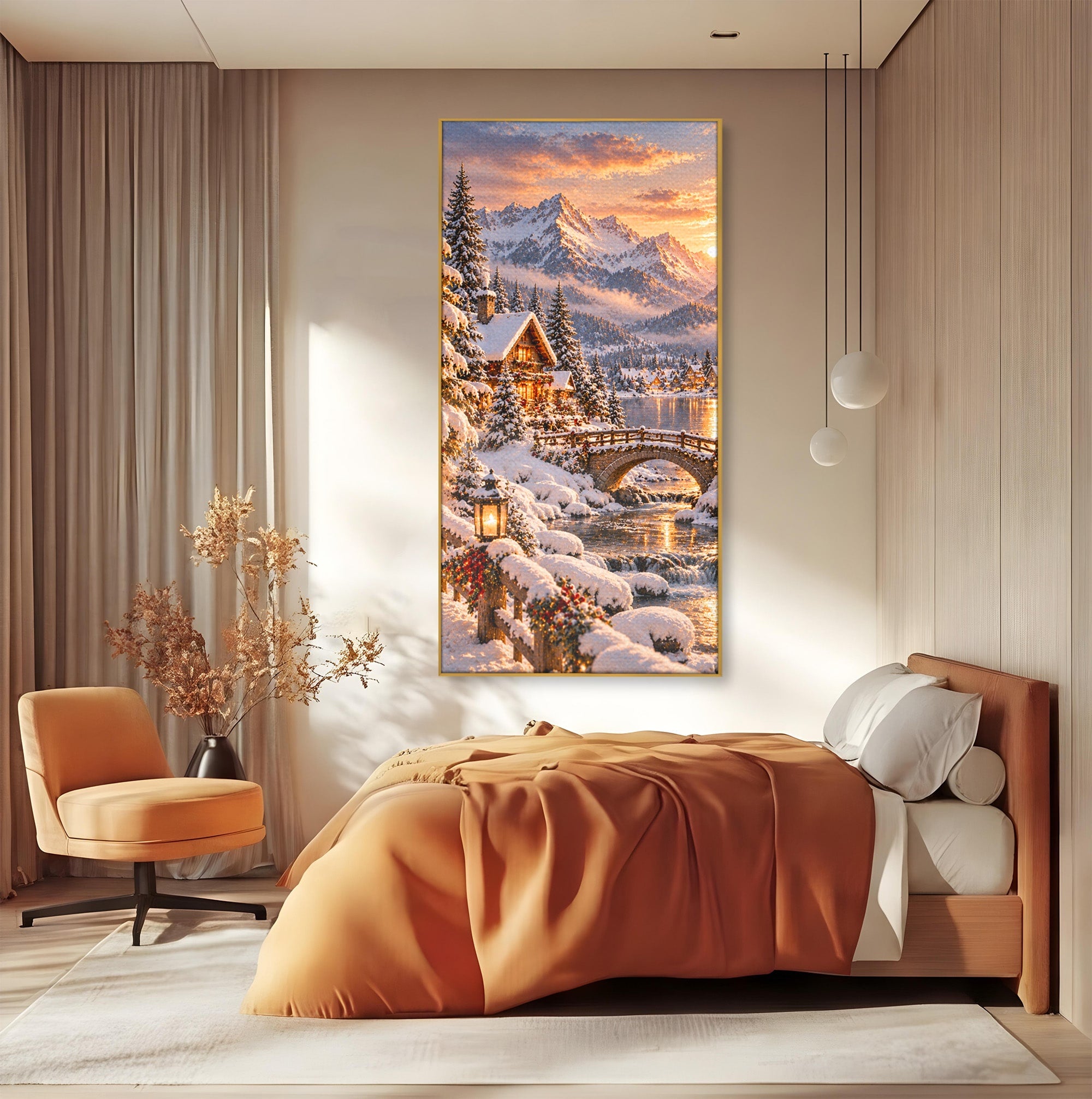 Tablou Canvas Premium LuxCanva® PI1411, Refugiul de Iarna, Peisaj, Zapada, Cabana, Munte, Rau, Apus, Craciun, Culori Vibrante, Living, Dormitor