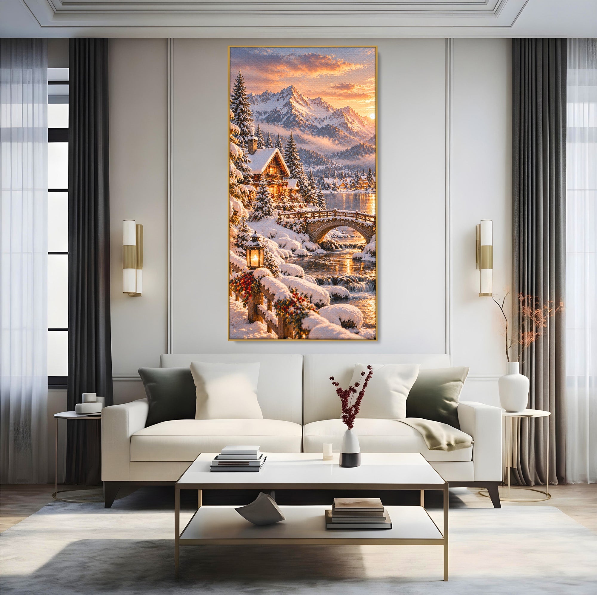Tablou Canvas Premium LuxCanva® PI1411, Refugiul de Iarna, Peisaj, Zapada, Cabana, Munte, Rau, Apus, Craciun, Culori Vibrante, Living, Dormitor