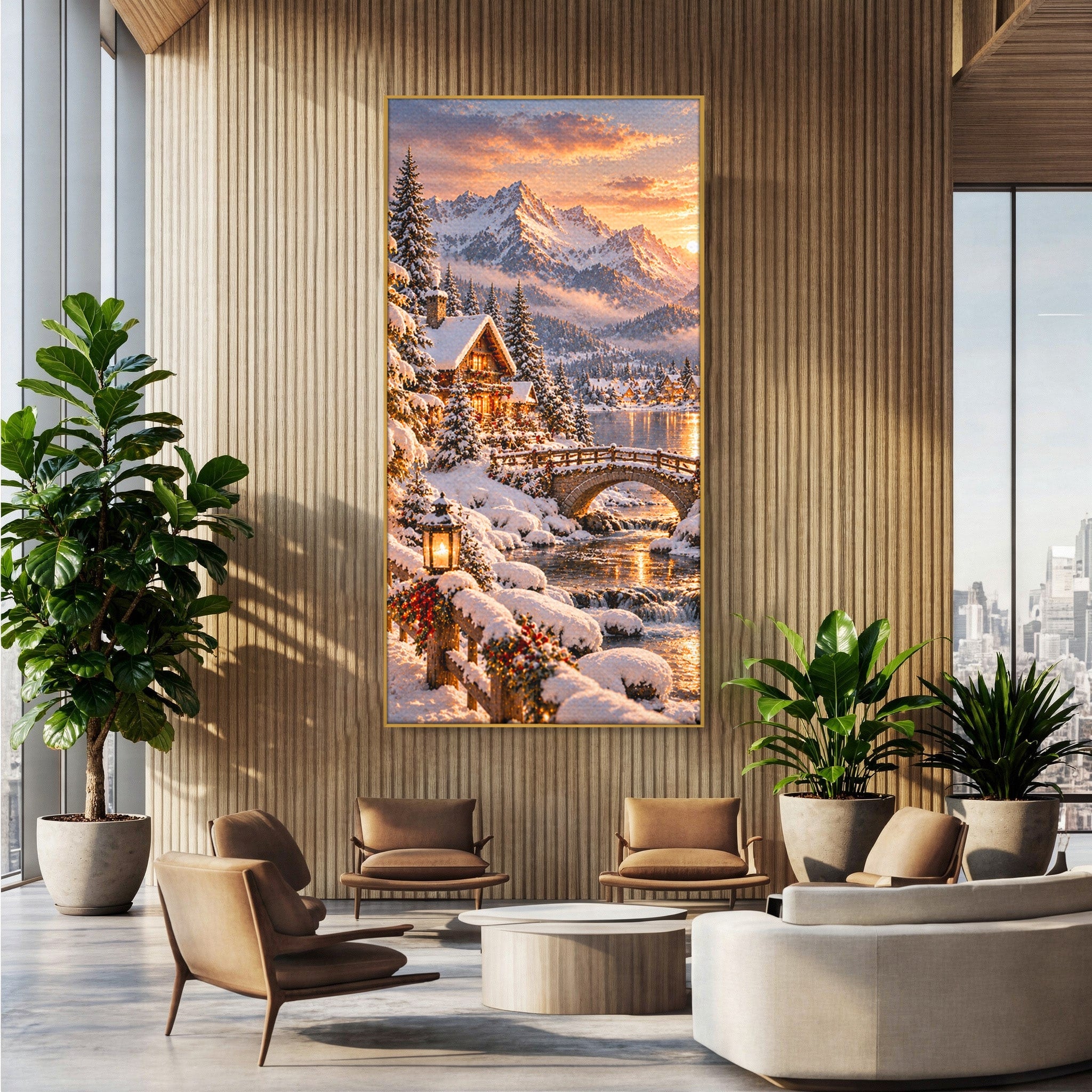 Tablou Canvas Premium LuxCanva® PI1411, Refugiul de Iarna, Peisaj, Zapada, Cabana, Munte, Rau, Apus, Craciun, Culori Vibrante, Living, Dormitor