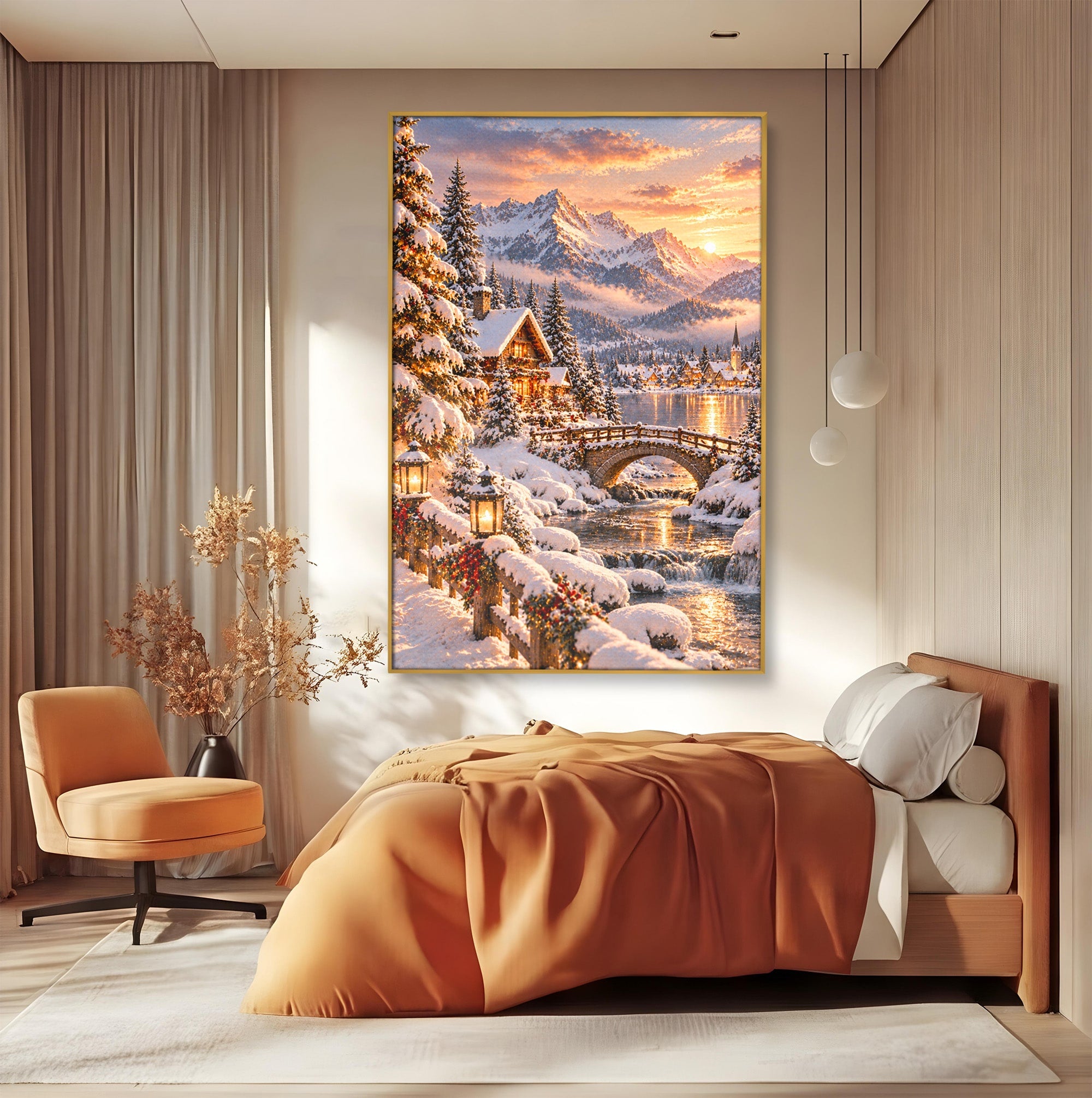 Tablou Canvas Premium LuxCanva® PI1411, Refugiul de Iarna, Peisaj, Zapada, Cabana, Munte, Rau, Apus, Craciun, Culori Vibrante, Living, Dormitor