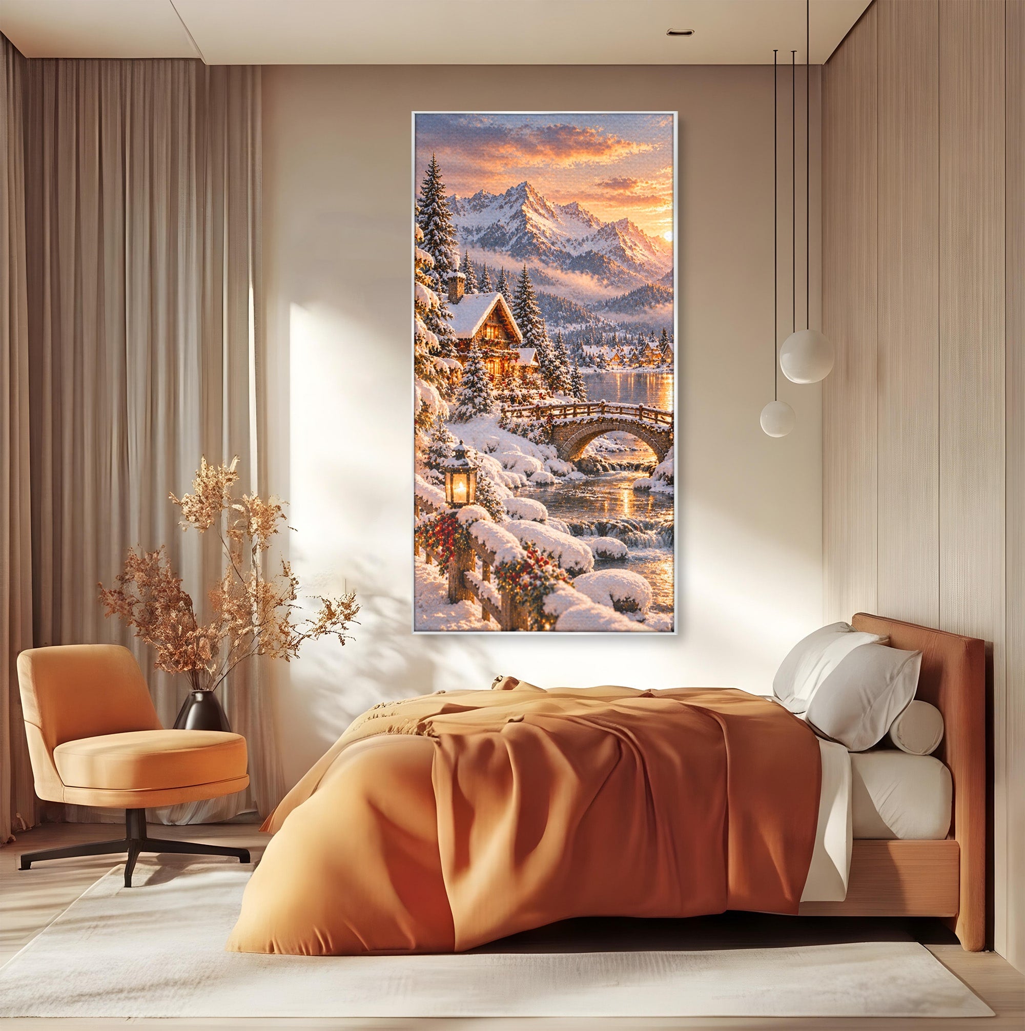 Tablou Canvas Premium LuxCanva® PI1411, Refugiul de Iarna, Peisaj, Zapada, Cabana, Munte, Rau, Apus, Craciun, Culori Vibrante, Living, Dormitor