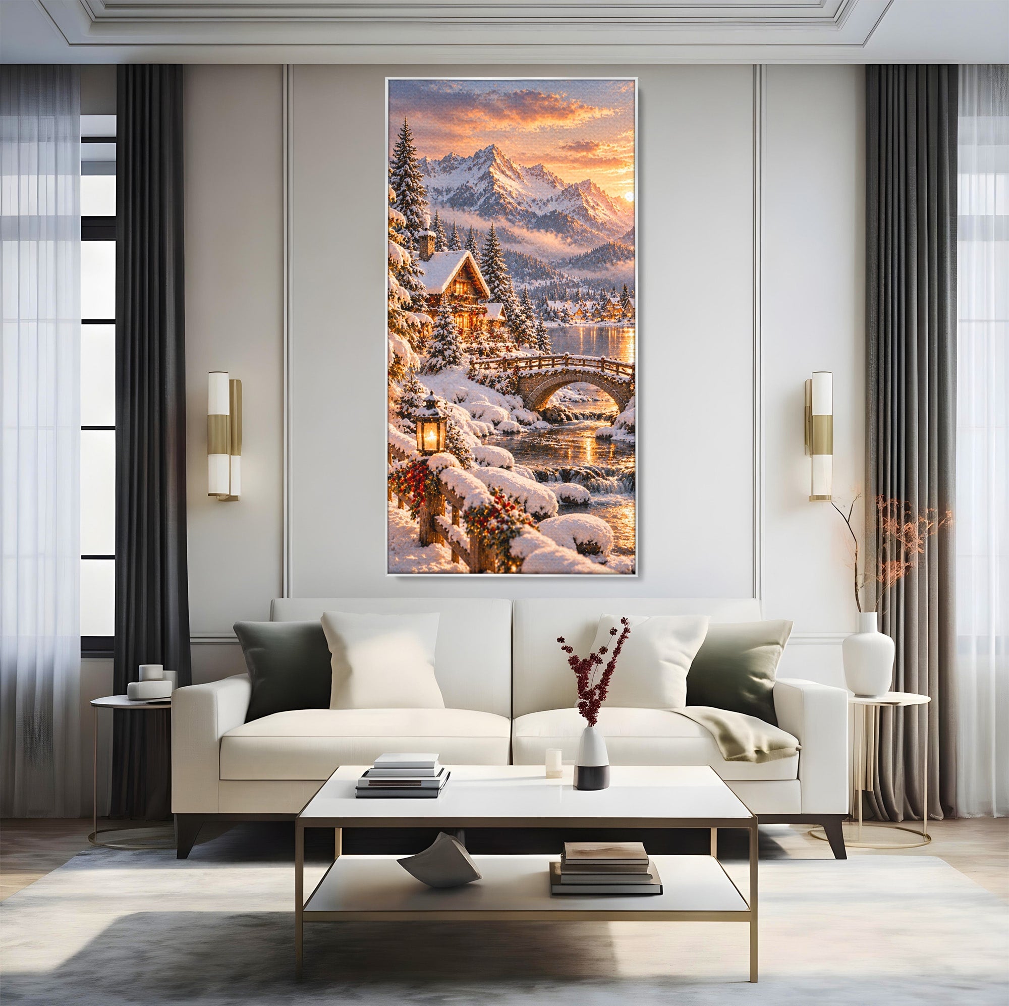 Tablou Canvas Premium LuxCanva® PI1411, Refugiul de Iarna, Peisaj, Zapada, Cabana, Munte, Rau, Apus, Craciun, Culori Vibrante, Living, Dormitor