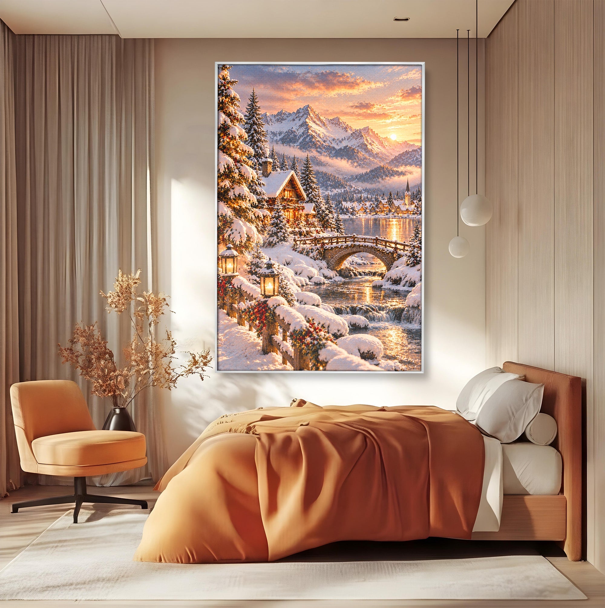 Tablou Canvas Premium LuxCanva® PI1411, Refugiul de Iarna, Peisaj, Zapada, Cabana, Munte, Rau, Apus, Craciun, Culori Vibrante, Living, Dormitor