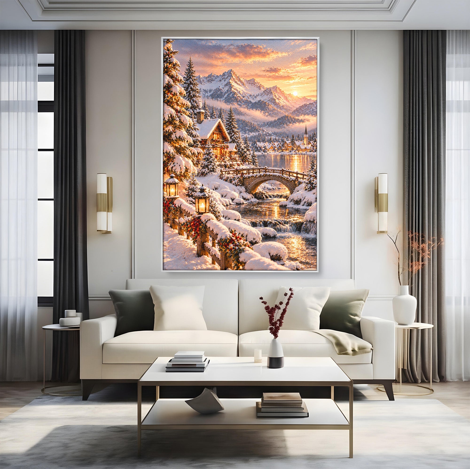 Tablou Canvas Premium LuxCanva® PI1411, Refugiul de Iarna, Peisaj, Zapada, Cabana, Munte, Rau, Apus, Craciun, Culori Vibrante, Living, Dormitor