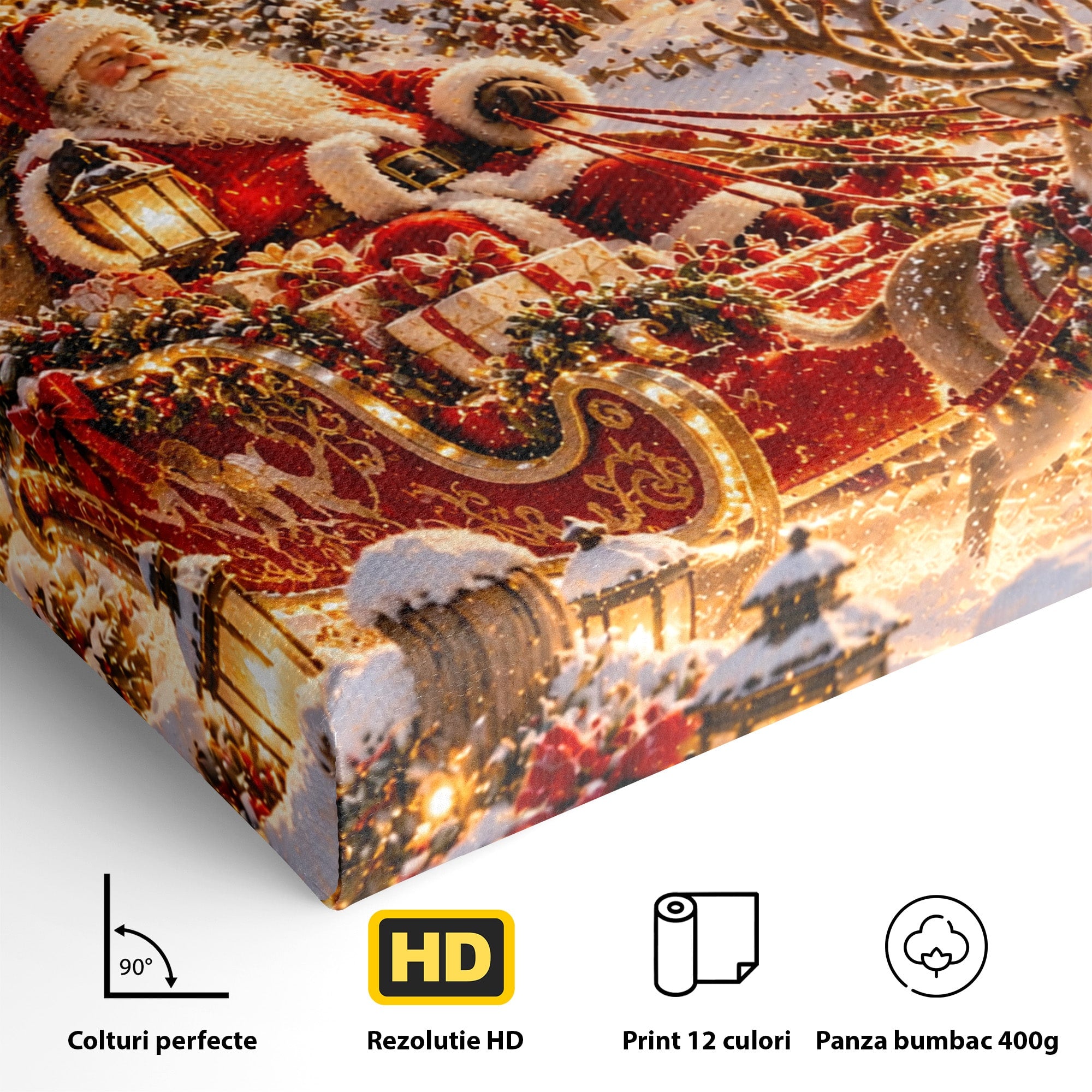 Tablou Canvas Premium LuxCanva® PI1412, Mos Craciun Pe Sanie, Cadouri, Reni, Iarna, Magie, Copilarie, Culori Vibrante, Living, Dormitor, Camera Copii