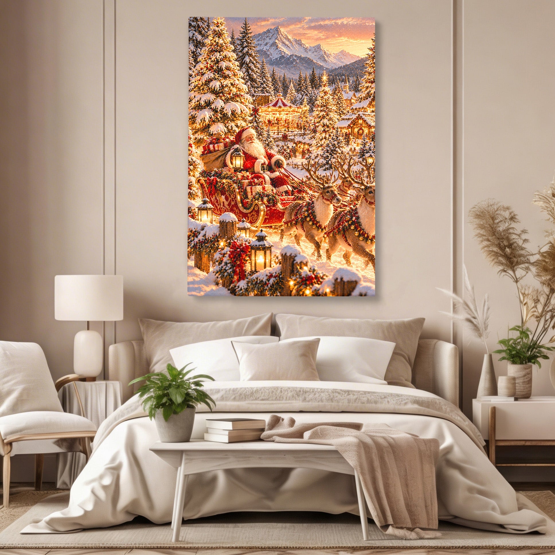 Tablou Canvas Premium LuxCanva® PI1412, Mos Craciun Pe Sanie, Cadouri, Reni, Iarna, Magie, Copilarie, Culori Vibrante, Living, Dormitor, Camera Copii