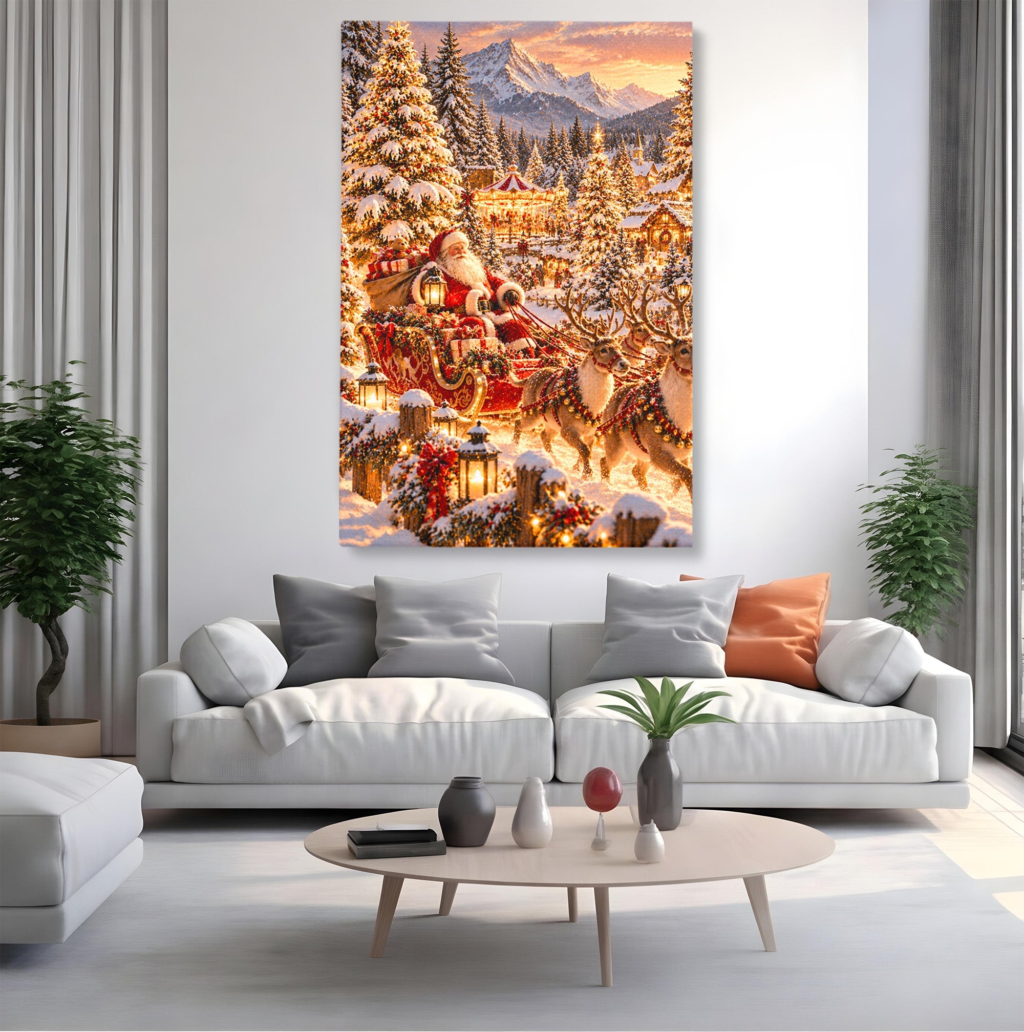 Tablou Canvas Premium LuxCanva® PI1412, Mos Craciun Pe Sanie, Cadouri, Reni, Iarna, Magie, Copilarie, Culori Vibrante, Living, Dormitor, Camera Copii