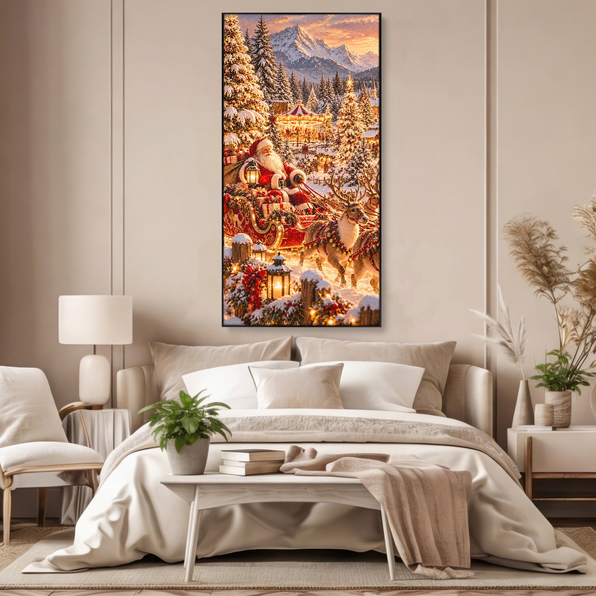 Tablou Canvas Premium LuxCanva® PI1412, Mos Craciun Pe Sanie, Cadouri, Reni, Iarna, Magie, Copilarie, Culori Vibrante, Living, Dormitor, Camera Copii