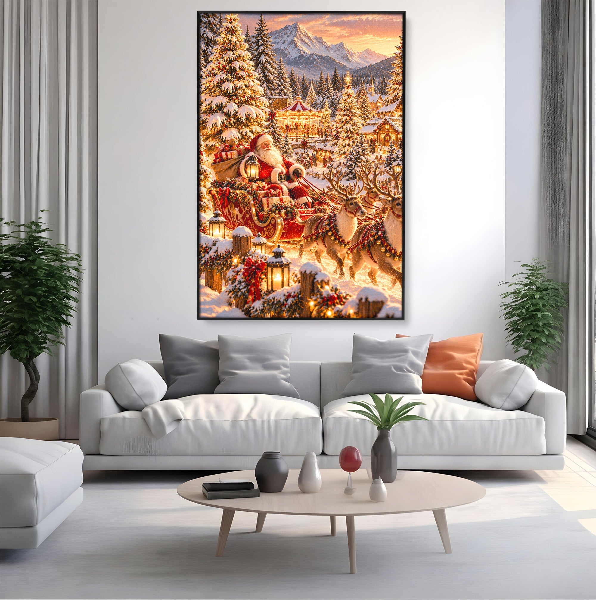 Tablou Canvas Premium LuxCanva® PI1412, Mos Craciun Pe Sanie, Cadouri, Reni, Iarna, Magie, Copilarie, Culori Vibrante, Living, Dormitor, Camera Copii