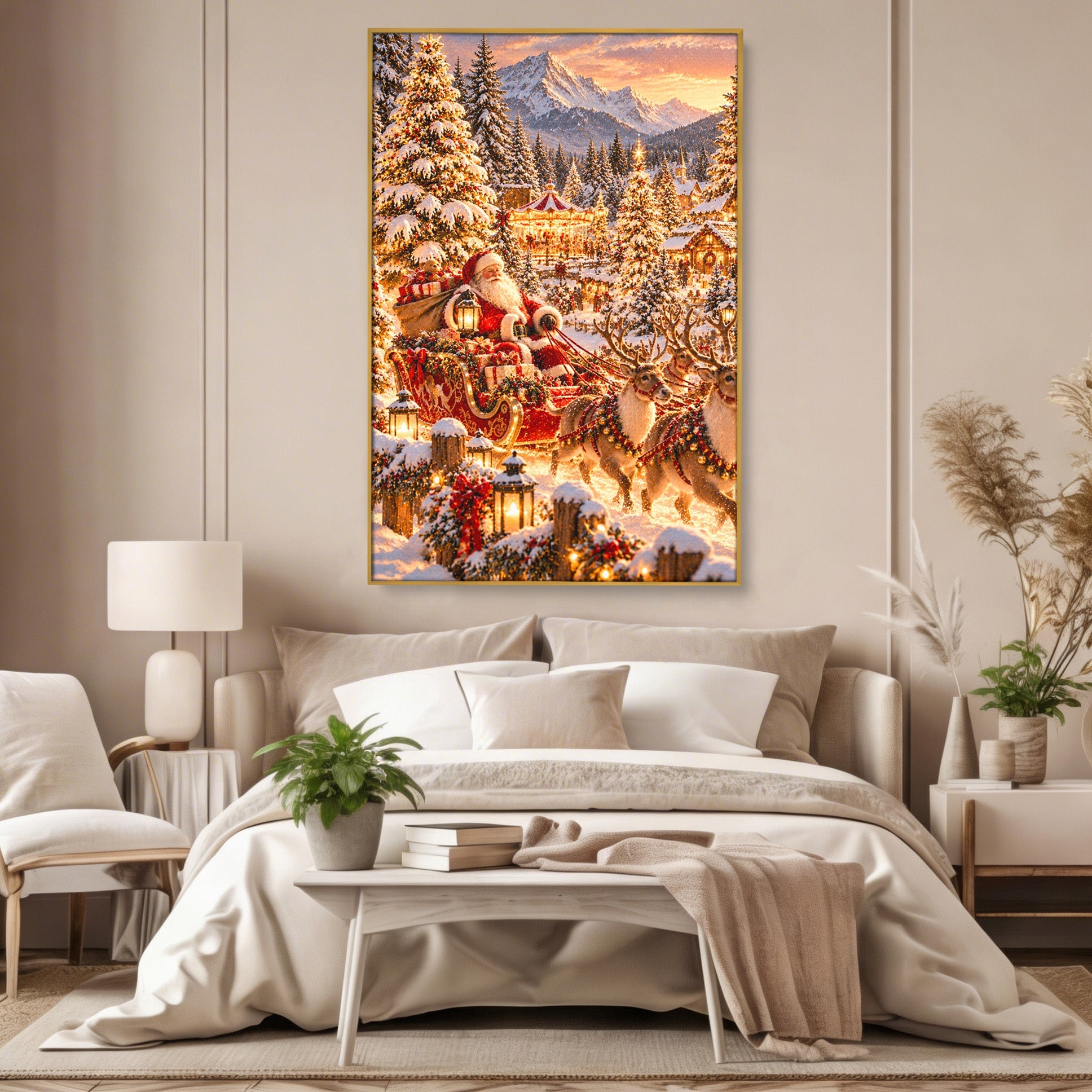 Tablou Canvas Premium LuxCanva® PI1412, Mos Craciun Pe Sanie, Cadouri, Reni, Iarna, Magie, Copilarie, Culori Vibrante, Living, Dormitor, Camera Copii