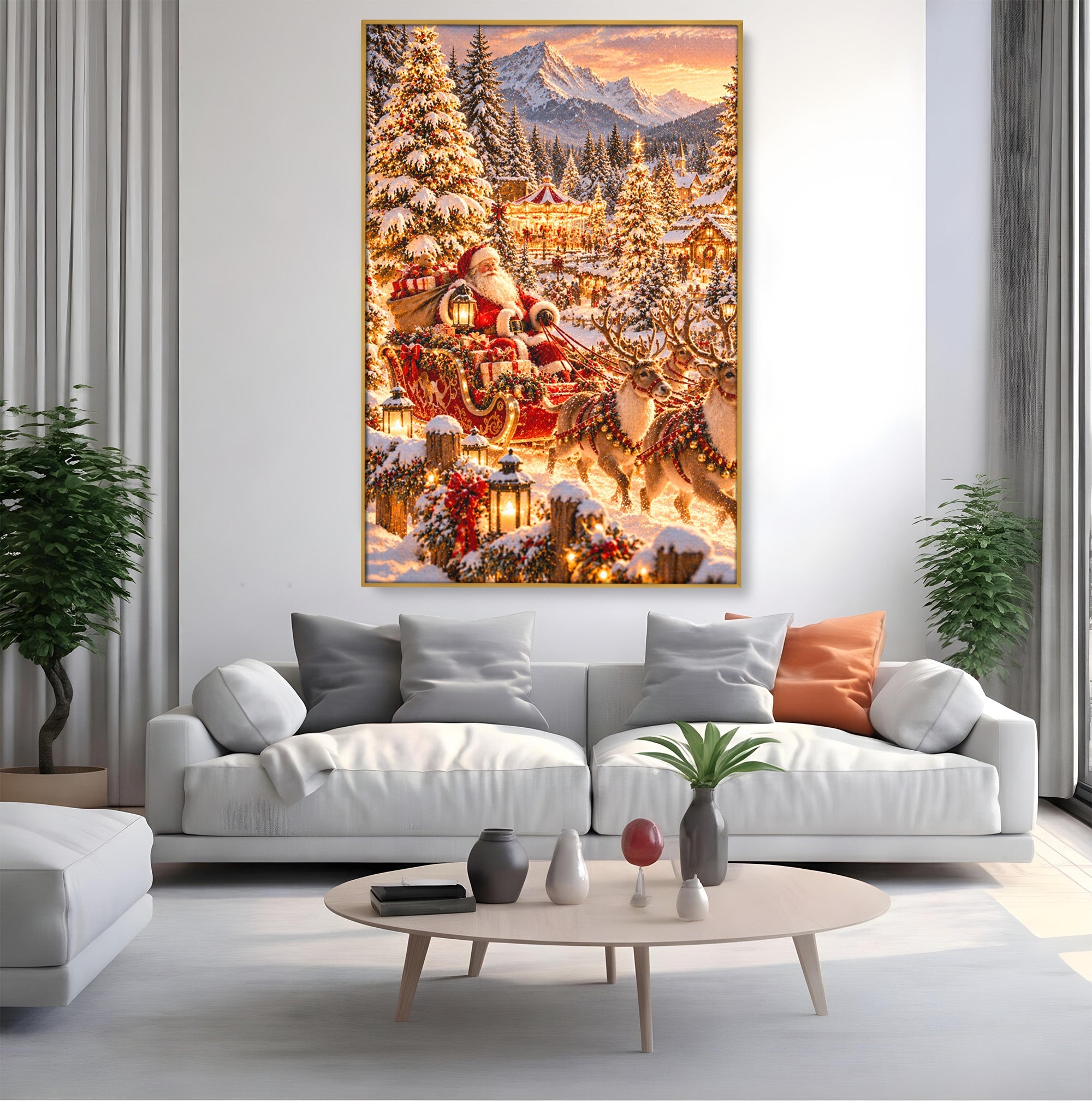 Tablou Canvas Premium LuxCanva® PI1412, Mos Craciun Pe Sanie, Cadouri, Reni, Iarna, Magie, Copilarie, Culori Vibrante, Living, Dormitor, Camera Copii