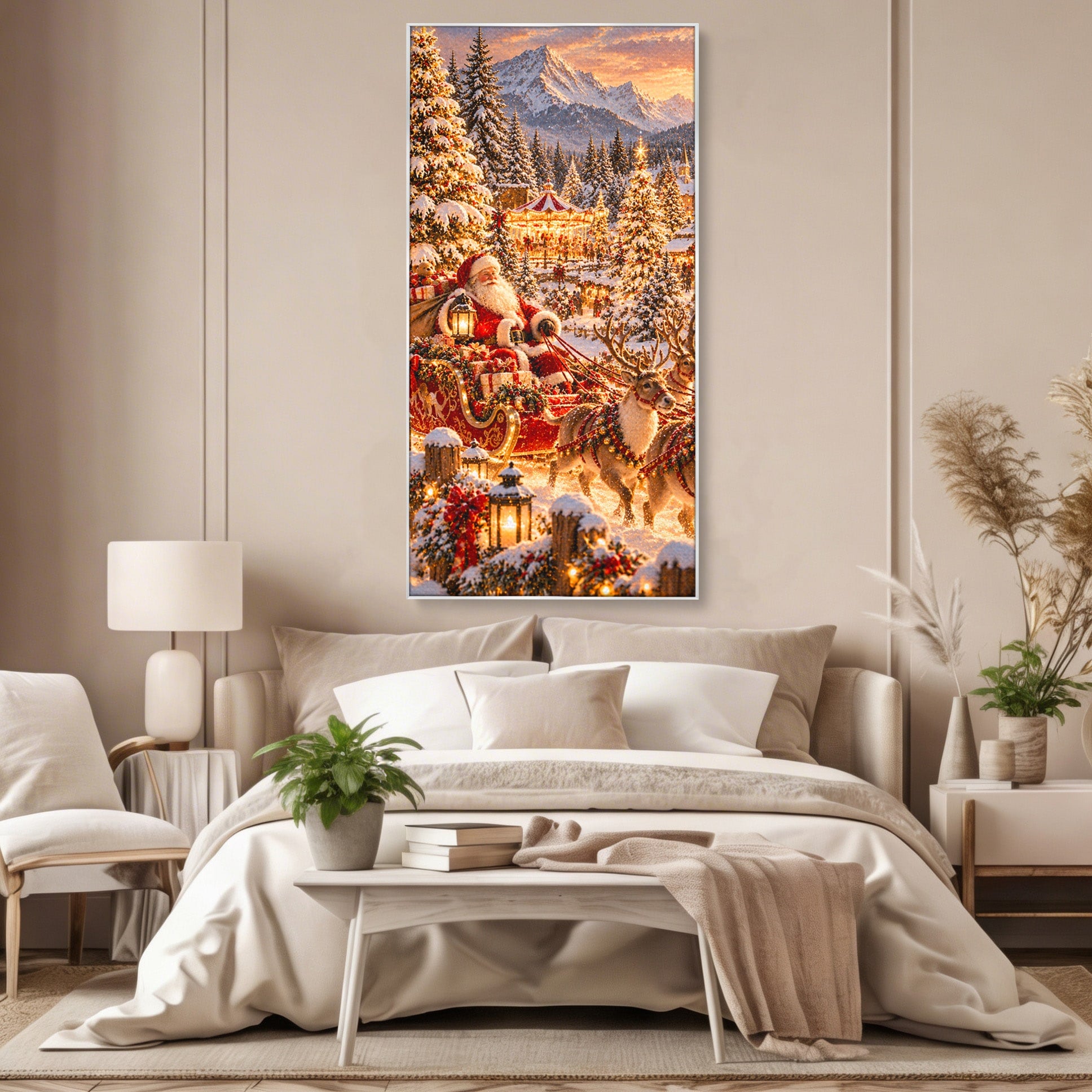 Tablou Canvas Premium LuxCanva® PI1412, Mos Craciun Pe Sanie, Cadouri, Reni, Iarna, Magie, Copilarie, Culori Vibrante, Living, Dormitor, Camera Copii