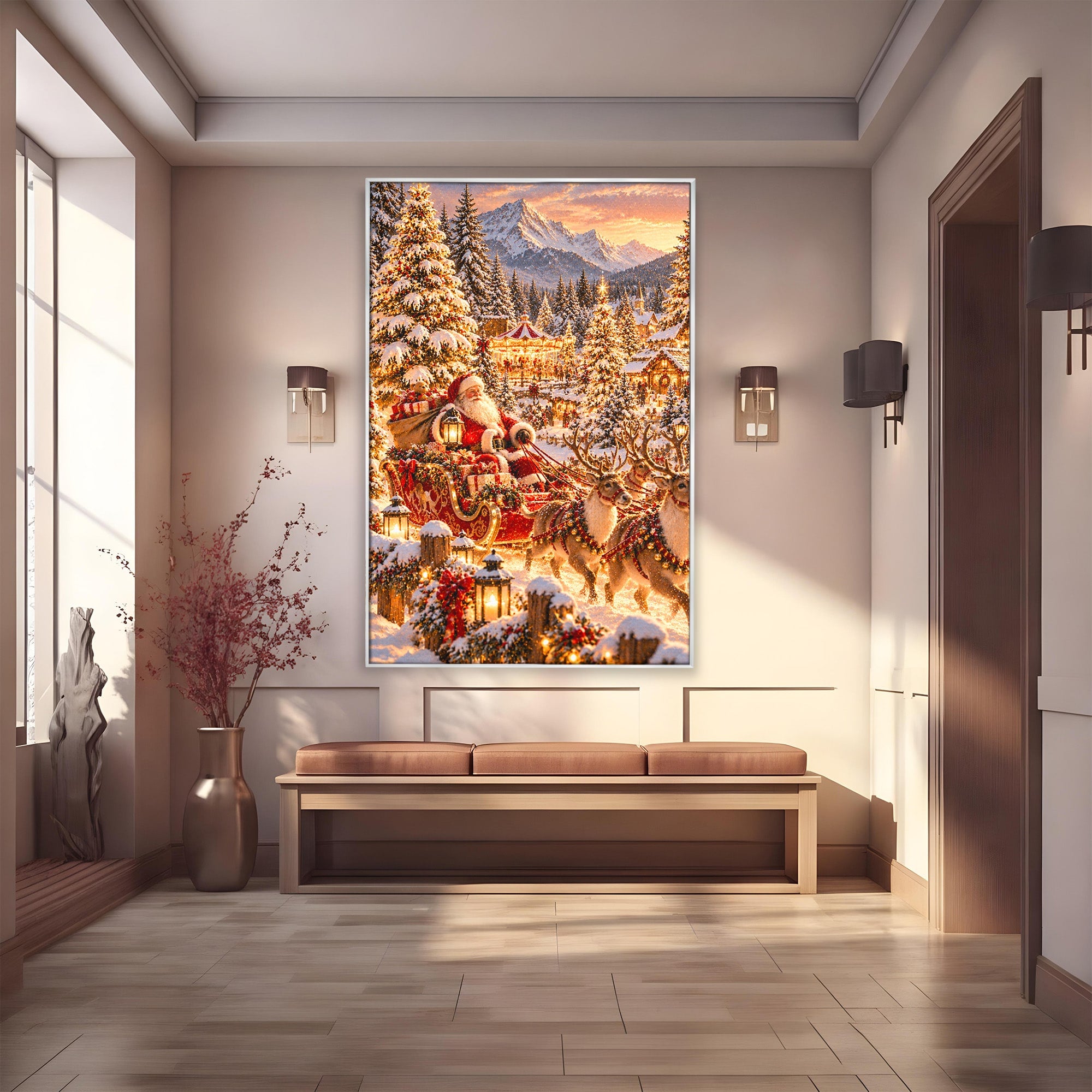 Tablou Canvas Premium LuxCanva® PI1412, Mos Craciun Pe Sanie, Cadouri, Reni, Iarna, Magie, Copilarie, Culori Vibrante, Living, Dormitor, Camera Copii