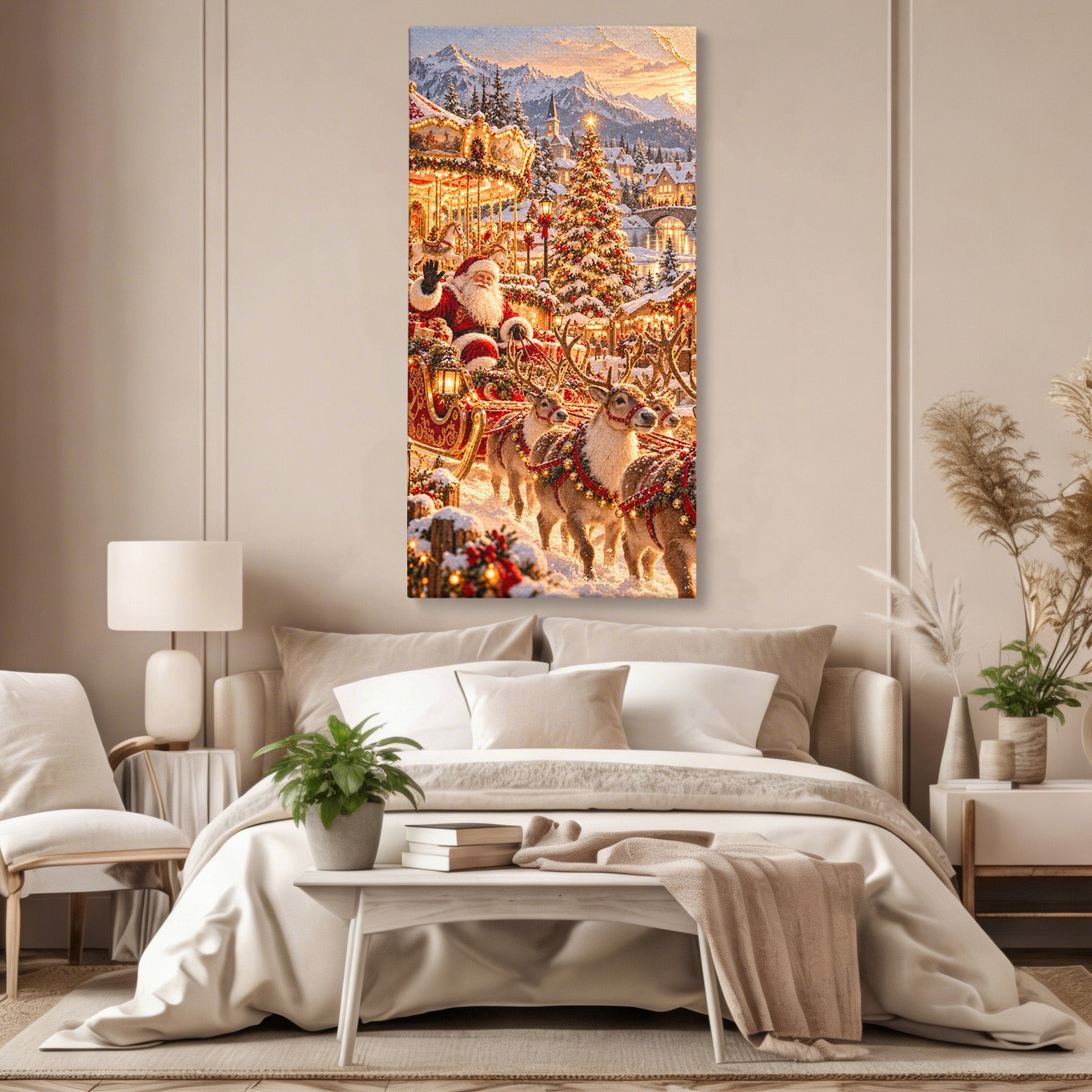 Tablou Canvas Premium LuxCanva® PI1413, Calatoria lui Mos Craciun, Sanie, Fermecat, Taram, Ren, Craciun, Daruri, Culori Vibrante, Living, Dormitor, Camera Copii
