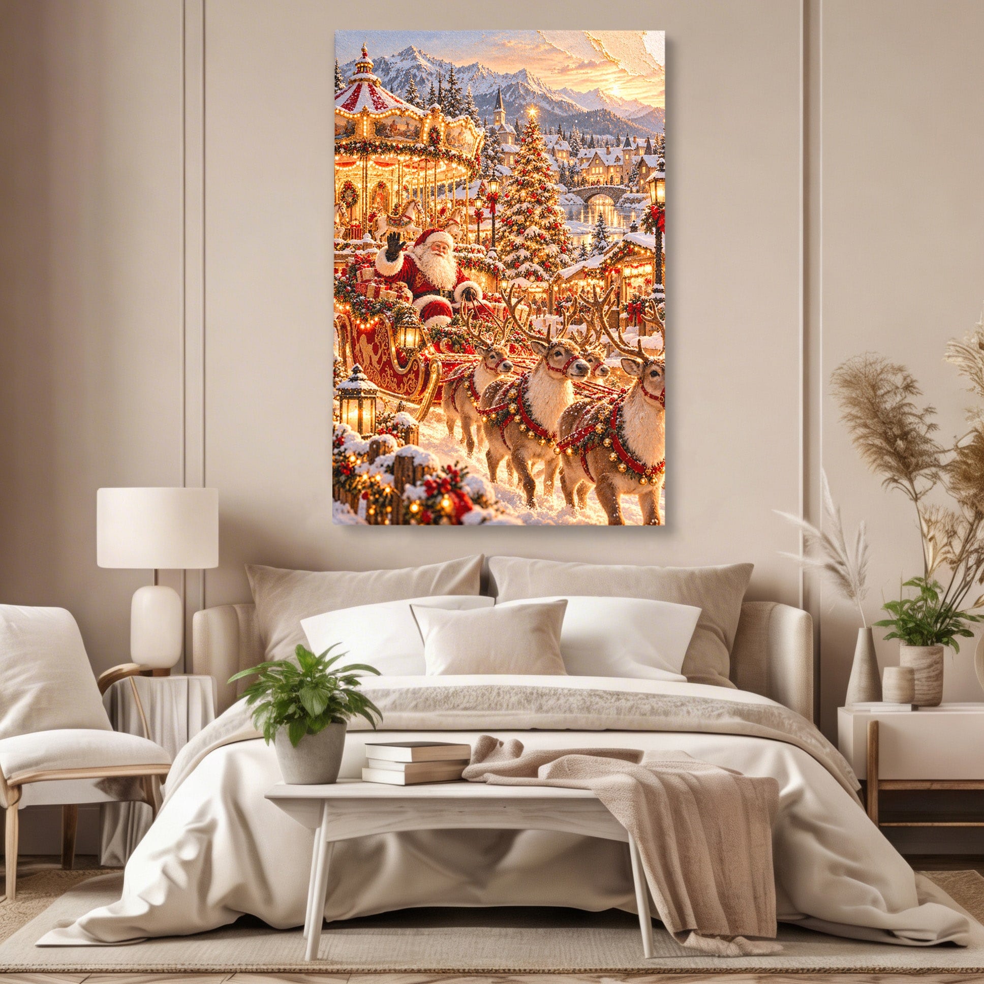 Tablou Canvas Premium LuxCanva® PI1413, Calatoria lui Mos Craciun, Sanie, Fermecat, Taram, Ren, Craciun, Daruri, Culori Vibrante, Living, Dormitor, Camera Copii