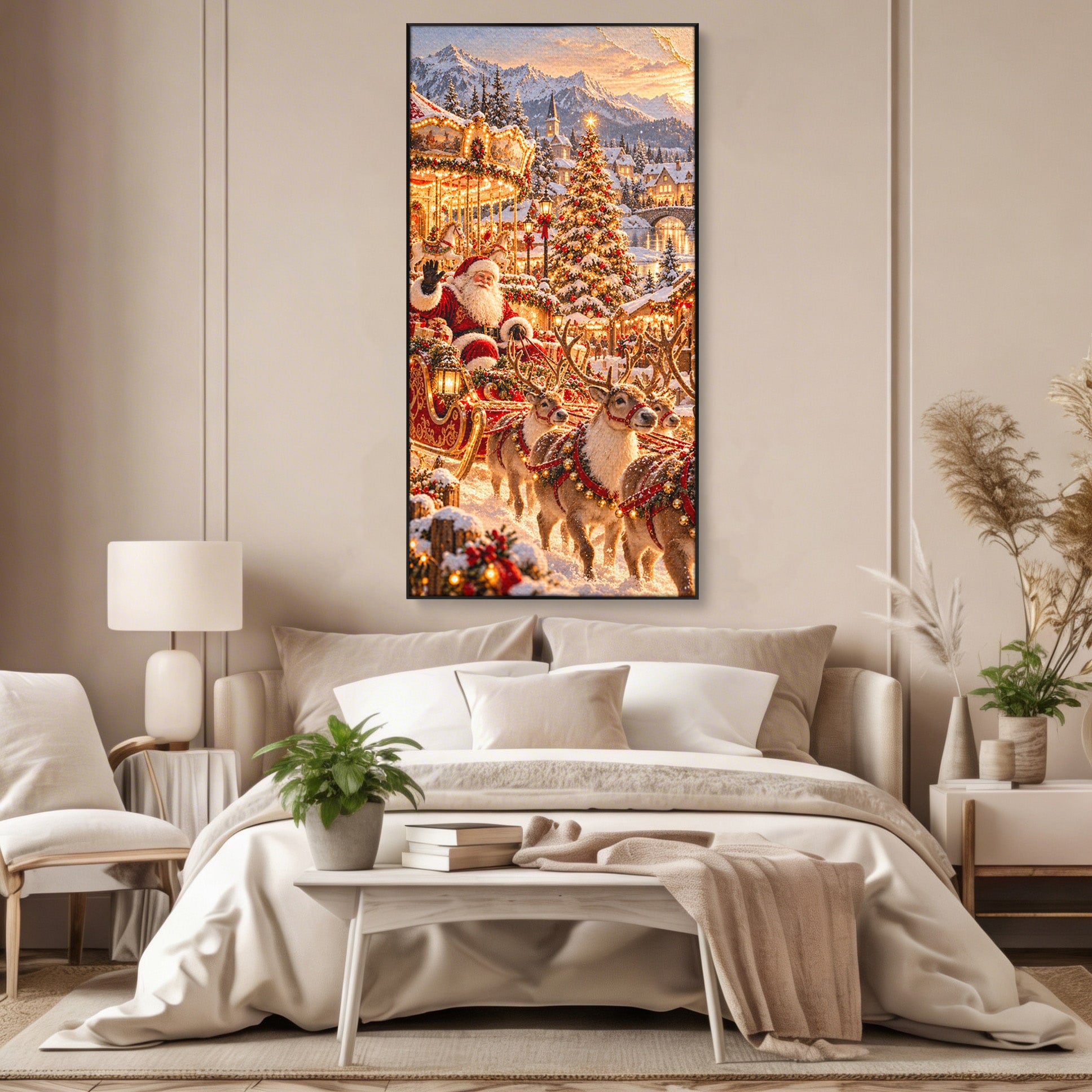 Tablou Canvas Premium LuxCanva® PI1413, Calatoria lui Mos Craciun, Sanie, Fermecat, Taram, Ren, Craciun, Daruri, Culori Vibrante, Living, Dormitor, Camera Copii