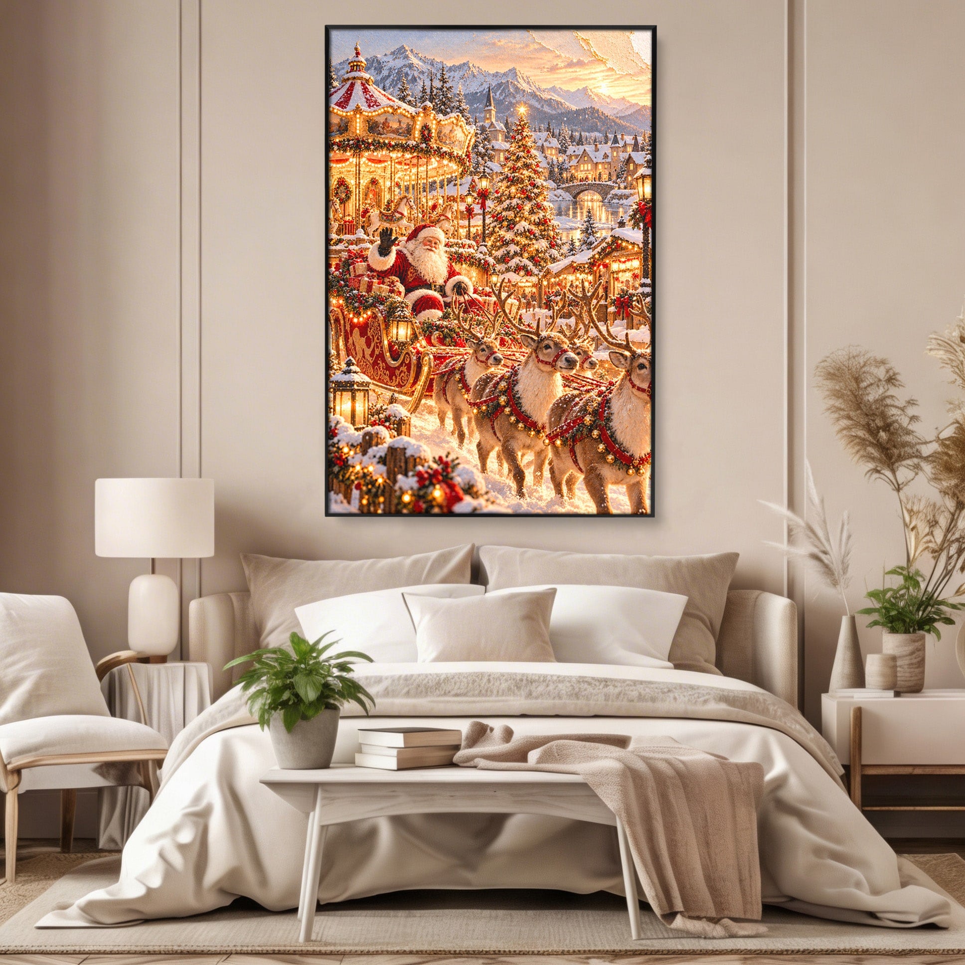 Tablou Canvas Premium LuxCanva® PI1413, Calatoria lui Mos Craciun, Sanie, Fermecat, Taram, Ren, Craciun, Daruri, Culori Vibrante, Living, Dormitor, Camera Copii