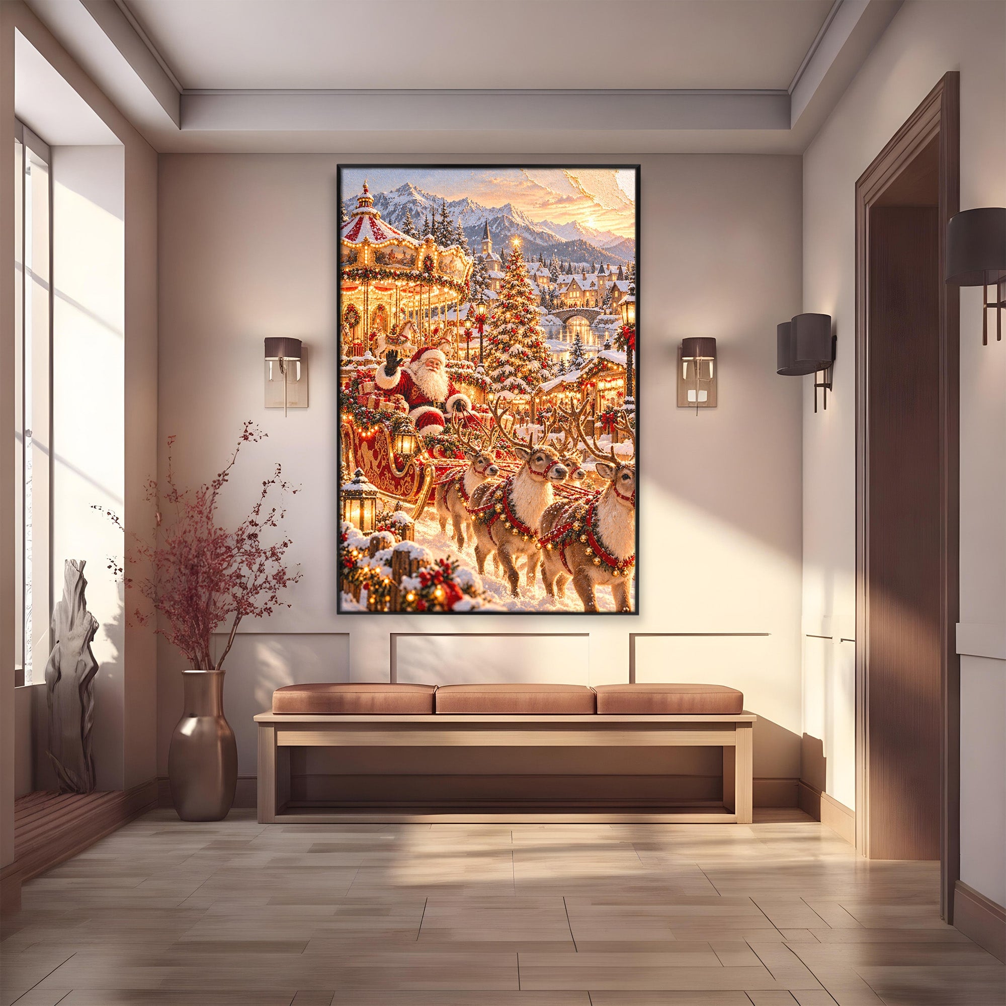 Tablou Canvas Premium LuxCanva® PI1413, Calatoria lui Mos Craciun, Sanie, Fermecat, Taram, Ren, Craciun, Daruri, Culori Vibrante, Living, Dormitor, Camera Copii