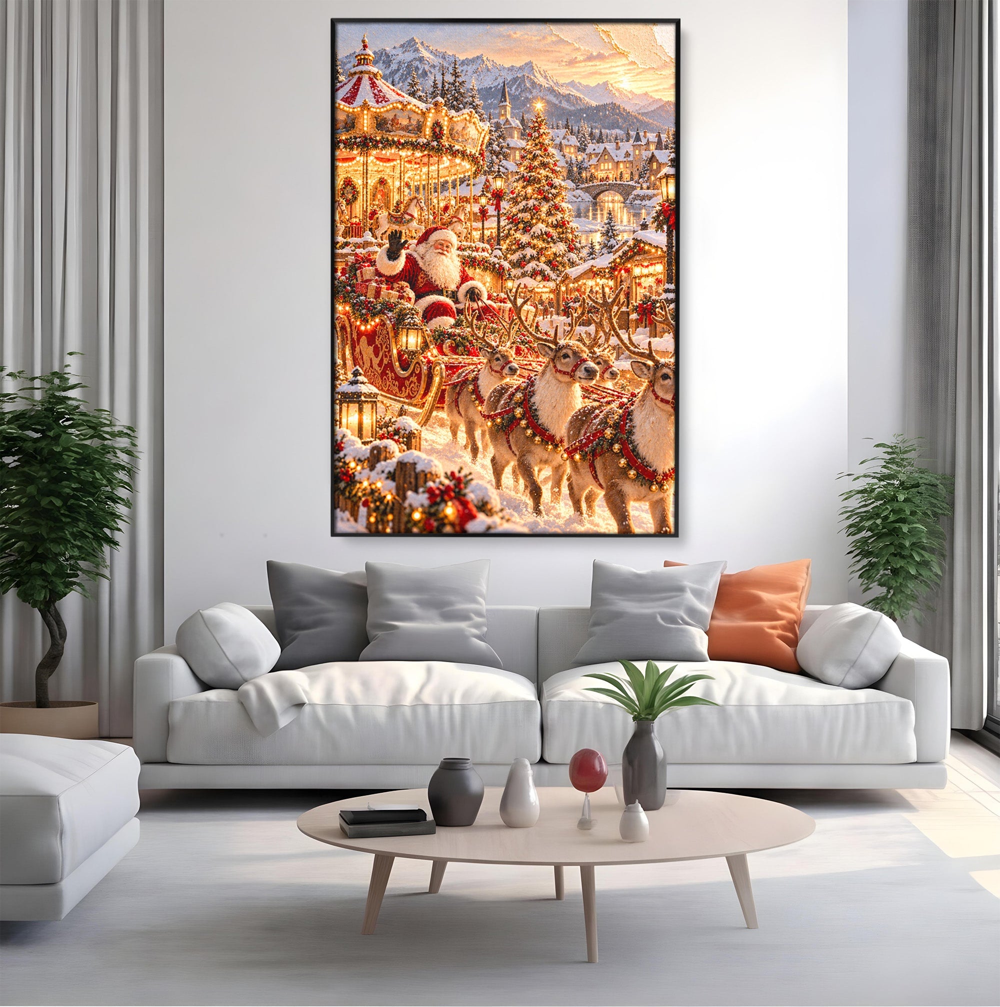 Tablou Canvas Premium LuxCanva® PI1413, Calatoria lui Mos Craciun, Sanie, Fermecat, Taram, Ren, Craciun, Daruri, Culori Vibrante, Living, Dormitor, Camera Copii