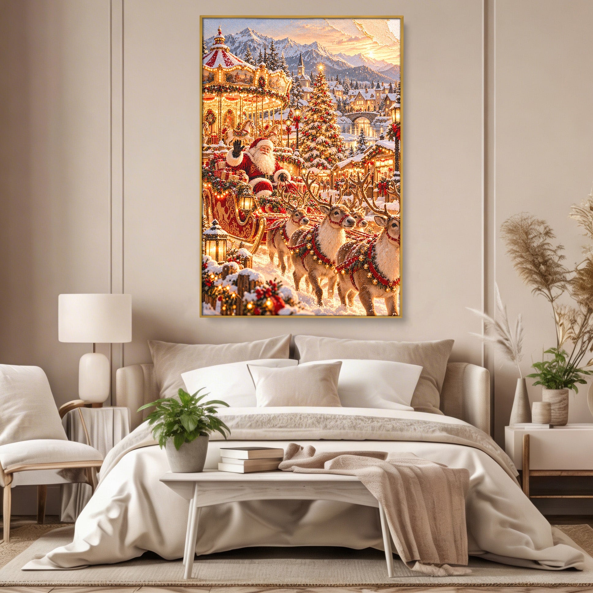 Tablou Canvas Premium LuxCanva® PI1413, Calatoria lui Mos Craciun, Sanie, Fermecat, Taram, Ren, Craciun, Daruri, Culori Vibrante, Living, Dormitor, Camera Copii