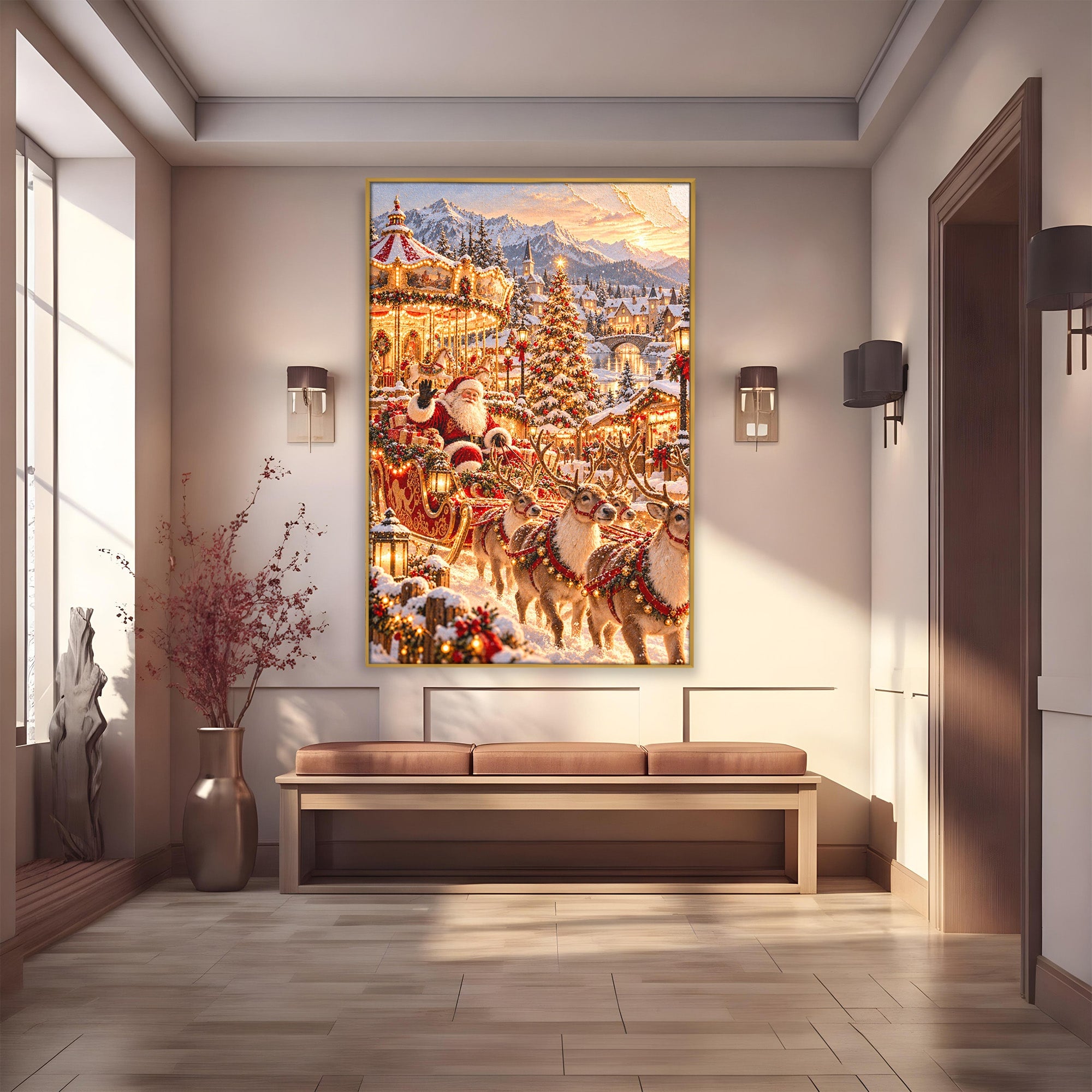 Tablou Canvas Premium LuxCanva® PI1413, Calatoria lui Mos Craciun, Sanie, Fermecat, Taram, Ren, Craciun, Daruri, Culori Vibrante, Living, Dormitor, Camera Copii