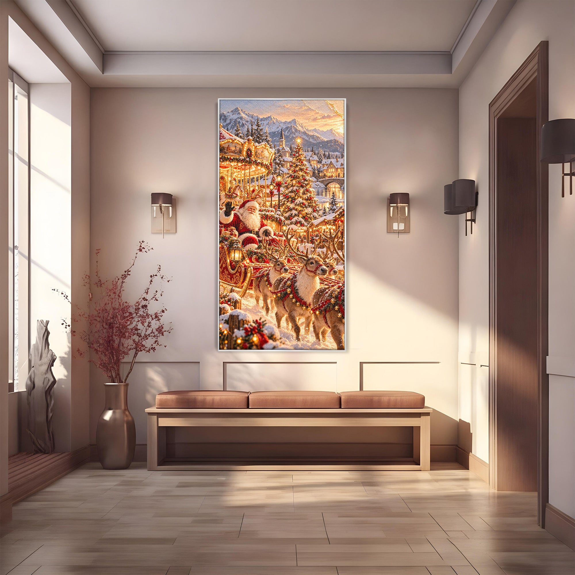 Tablou Canvas Premium LuxCanva® PI1413, Calatoria lui Mos Craciun, Sanie, Fermecat, Taram, Ren, Craciun, Daruri, Culori Vibrante, Living, Dormitor, Camera Copii