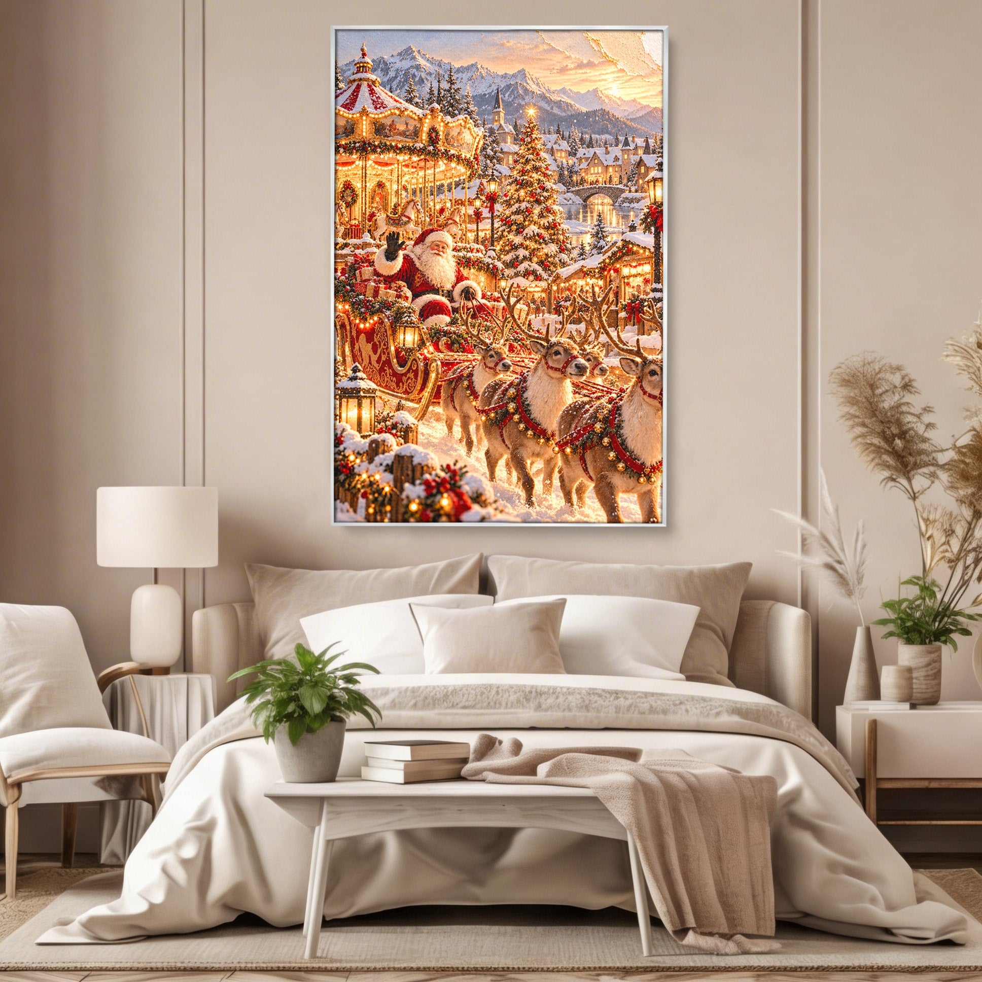 Tablou Canvas Premium LuxCanva® PI1413, Calatoria lui Mos Craciun, Sanie, Fermecat, Taram, Ren, Craciun, Daruri, Culori Vibrante, Living, Dormitor, Camera Copii