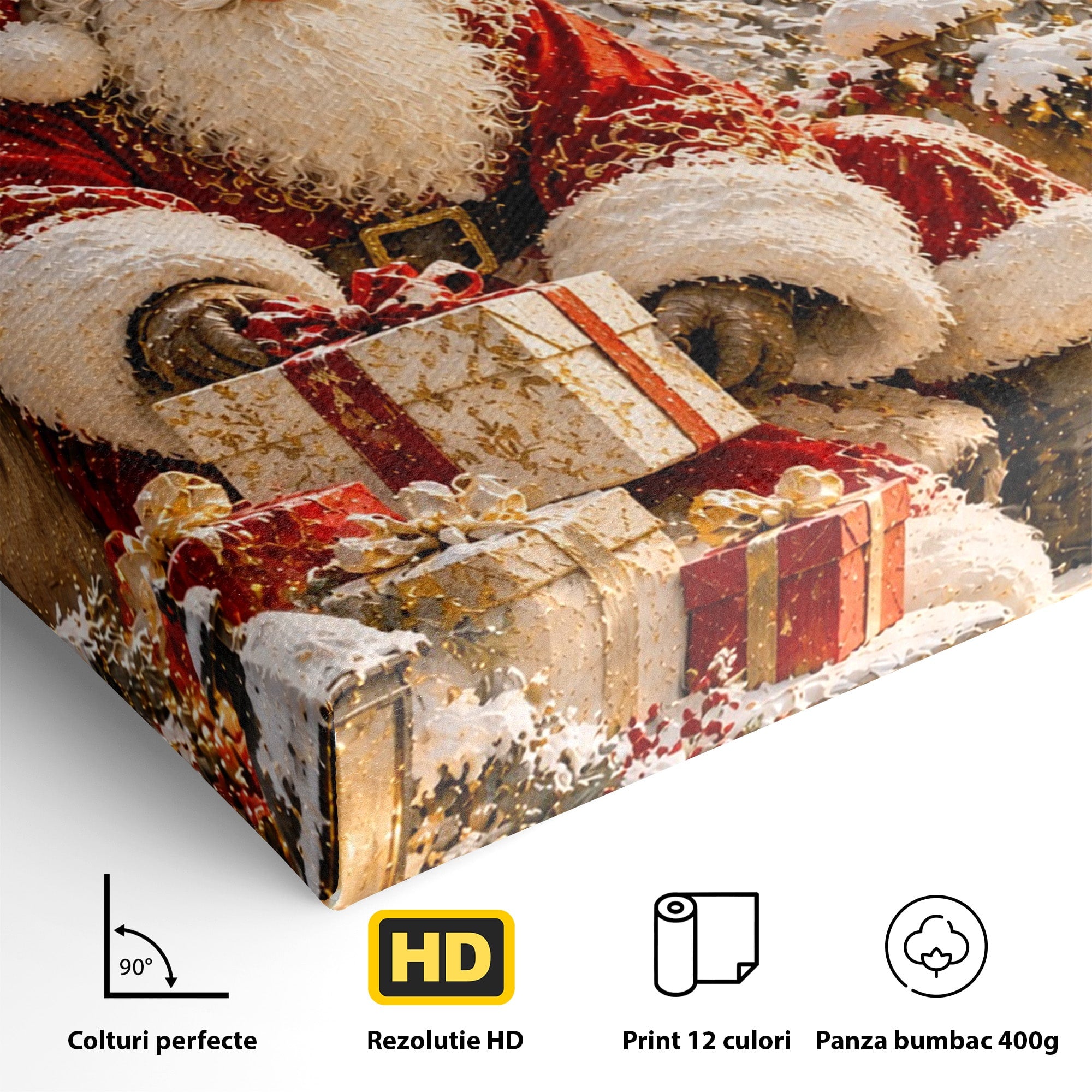 Tablou Canvas Premium LuxCanva® PI1415, Mos Craciun In Peisaj De Iarna, Pregatiri, Calatorie, Iarna, Cadouri, Sarbatori, Culori Vibrante, Living, Dormitor, Camera Copii