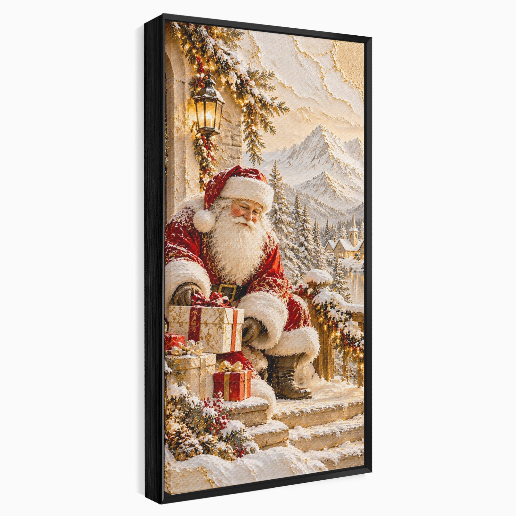 Tablou Canvas Premium LuxCanva® PI1415, Mos Craciun In Peisaj De Iarna, Pregatiri, Calatorie, Iarna, Cadouri, Sarbatori, Culori Vibrante, Living, Dormitor, Camera Copii