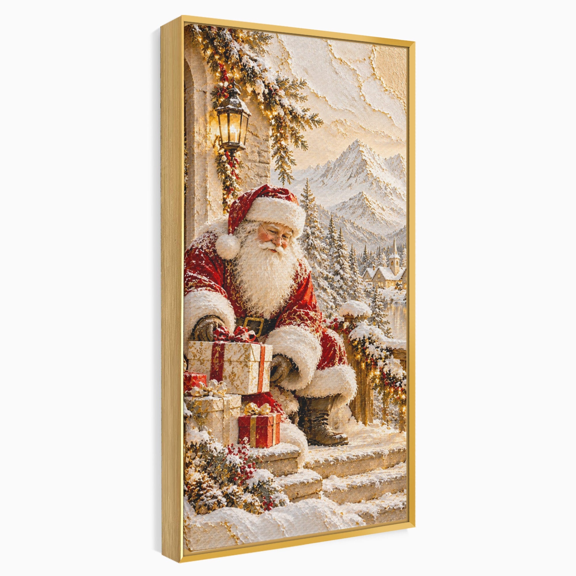Tablou Canvas Premium LuxCanva® PI1415, Mos Craciun In Peisaj De Iarna, Pregatiri, Calatorie, Iarna, Cadouri, Sarbatori, Culori Vibrante, Living, Dormitor, Camera Copii